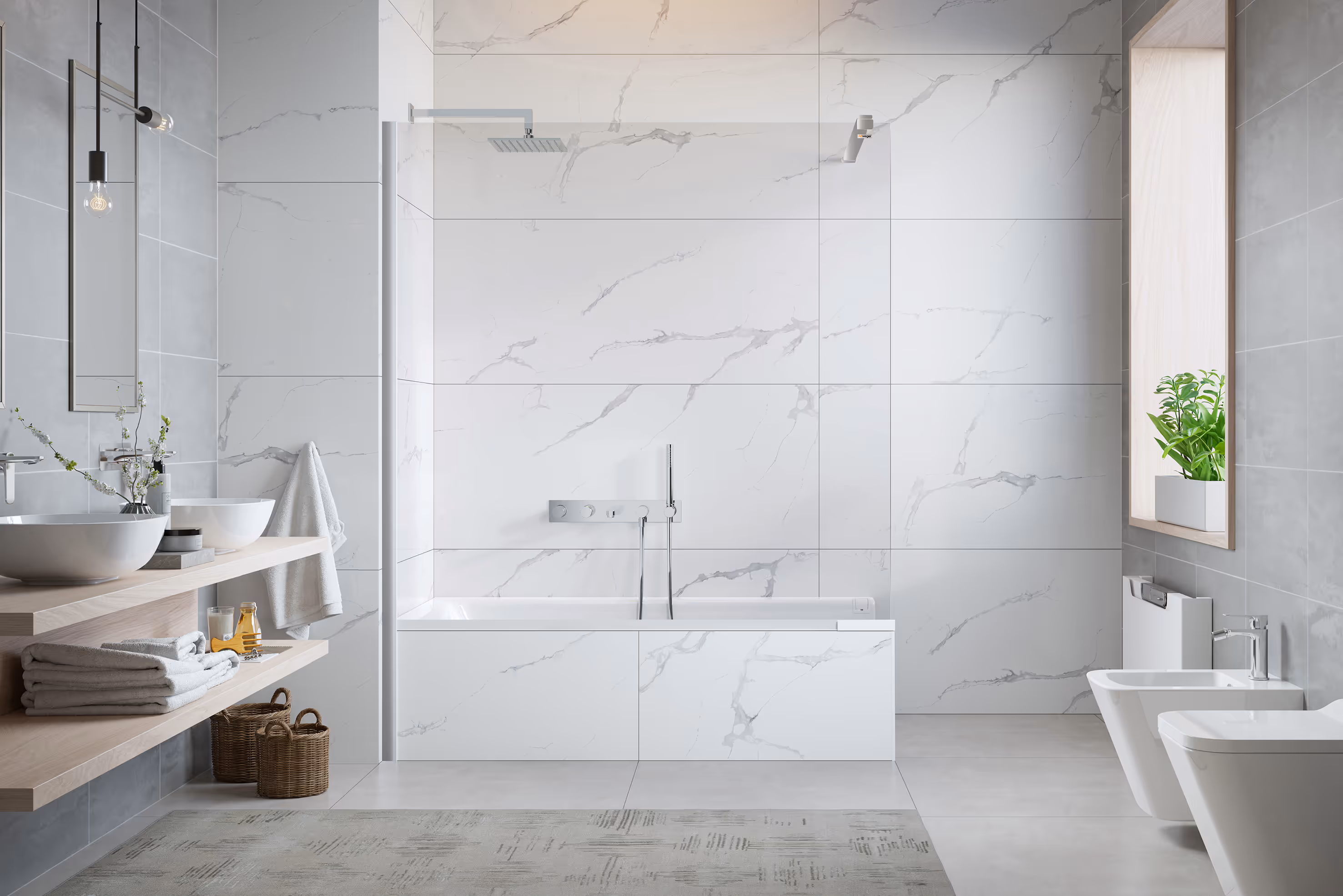 Elegantes, helles Bad mit weißen Marmorfliesen, großer Glasdusche und minimalistischer Ausstattung.
