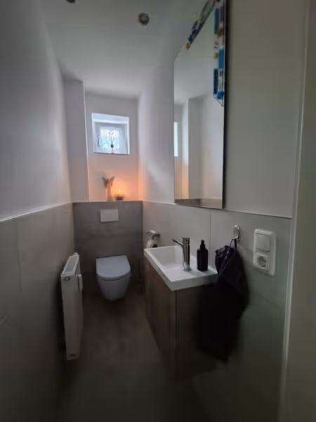 Modernes, schmal geschnittenes WC mit dunklen Fliesen und stilvoller Beleuchtung.