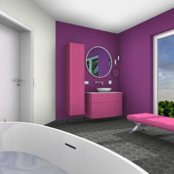 Modernes Badezimmer mit einer ebenerdigen Dusche links, ausgestattet mit Glaswand und kupferfarbener Armatur. In der Mitte eine weiße Tür und daneben ein Hängeschrank. Rechts eine Holztrennwand, hinter der zwei Waschbecken mit runden Spiegeln sichtbar sind. Im Vordergrund der Rand einer freistehenden Badewanne.