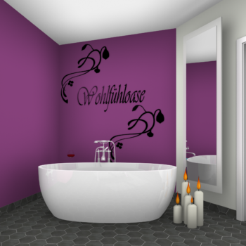 Modernes Badezimmer mit einer freistehenden, geschwungenen Badewanne vor einer grauen Wand. Links ist eine Holzkonstruktion mit offenen Fächern, dahinter zwei Waschbecken mit runden Spiegeln zu sehen.