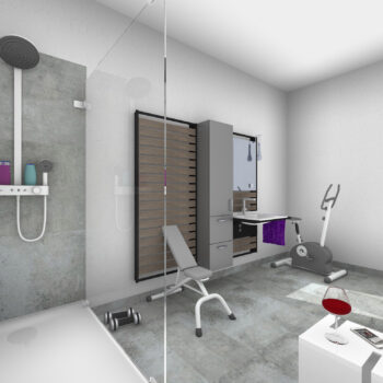 Modernes Badezimmer mit einer freistehenden, geschwungenen Badewanne vor einer grauen Wand. Links ist eine Holzkonstruktion mit offenen Fächern, dahinter zwei Waschbecken mit runden Spiegeln zu sehen.