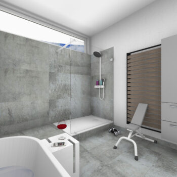 Grundriss eines modernen Badezimmers in Draufsicht. Links zwei freistehende Waschbecken mit runden Spiegeln an einer dekorativ gefliesten Wand. In der Mitte eine Trennwand aus Holz, rechts davon eine ovale Badewanne mit Armatur und daneben ein Holzstuhl. Unten rechts eine verglaste Dusche mit gebogener Glaswand. Große Bodenfliesen in Beige, Fenster auf der rechten Seite, weitere Ablagen und Spiegel an den Wänden.