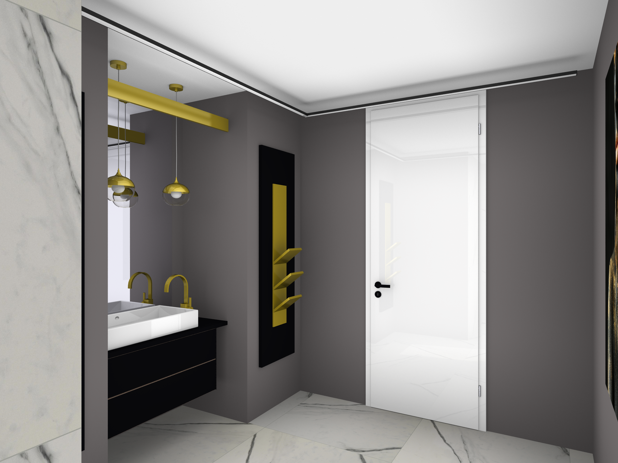 Modernes Badezimmer mit einer freistehenden, geschwungenen Badewanne vor einer grauen Wand. Links ist eine Holzkonstruktion mit offenen Fächern, dahinter zwei Waschbecken mit runden Spiegeln zu sehen.