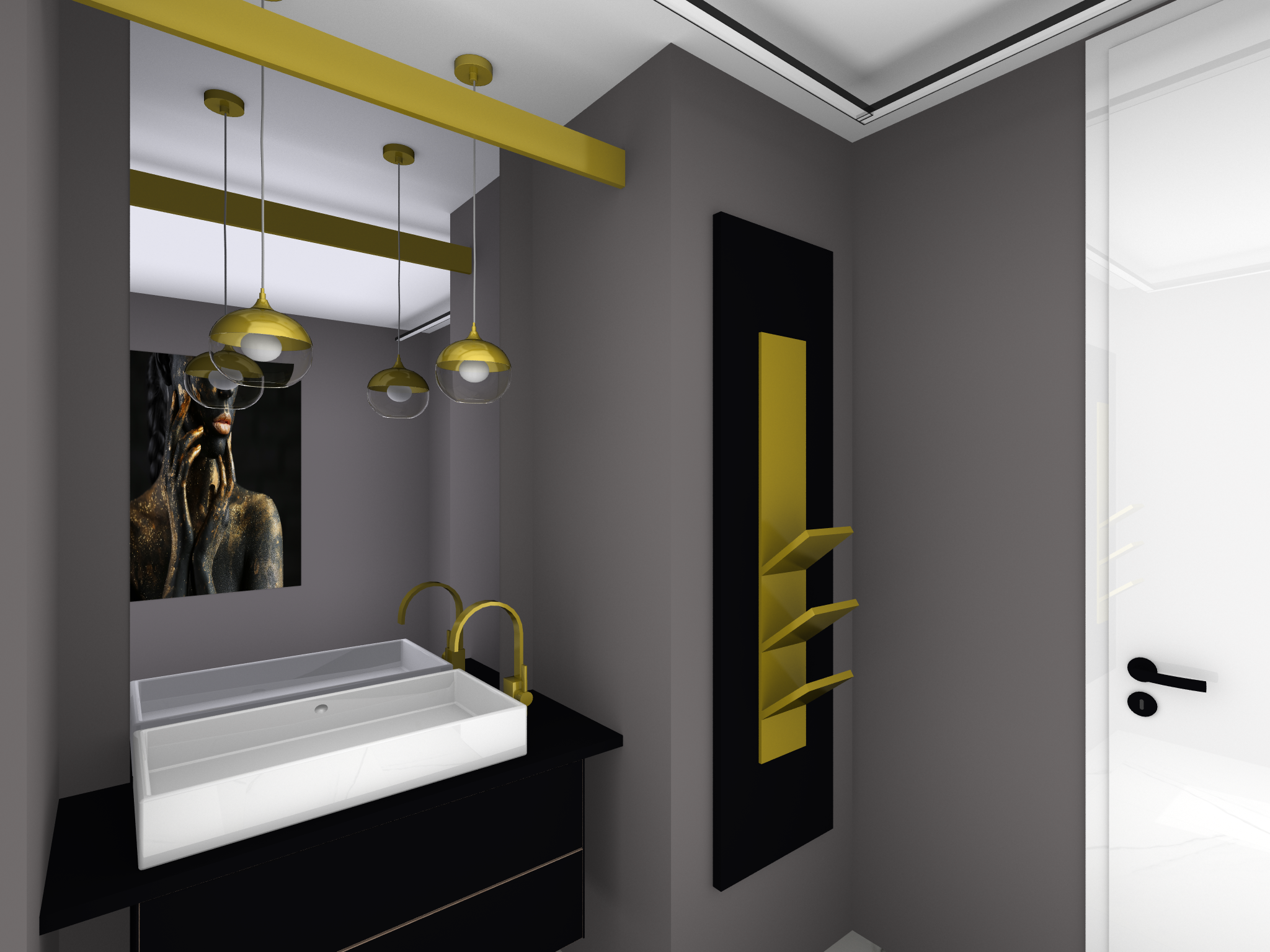 Modernes Badezimmer mit zwei freistehenden, skulptural geformten Waschbecken, jeweils mit einem runden Spiegel darüber.