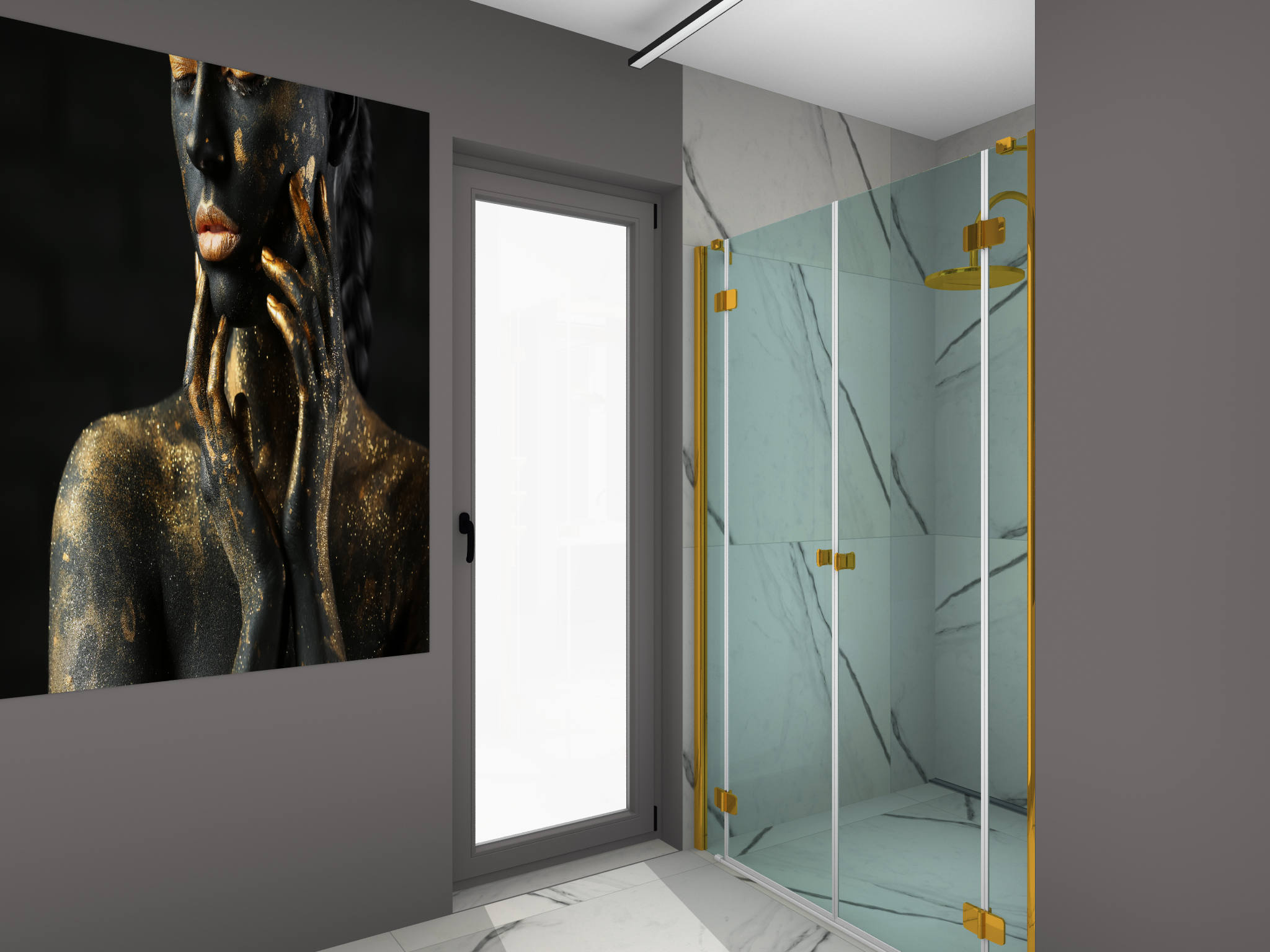 Grundriss eines modernen Badezimmers in Draufsicht. Links zwei freistehende Waschbecken mit runden Spiegeln an einer dekorativ gefliesten Wand. In der Mitte eine Trennwand aus Holz, rechts davon eine ovale Badewanne mit Armatur und daneben ein Holzstuhl. Unten rechts eine verglaste Dusche mit gebogener Glaswand. Große Bodenfliesen in Beige, Fenster auf der rechten Seite, weitere Ablagen und Spiegel an den Wänden.
