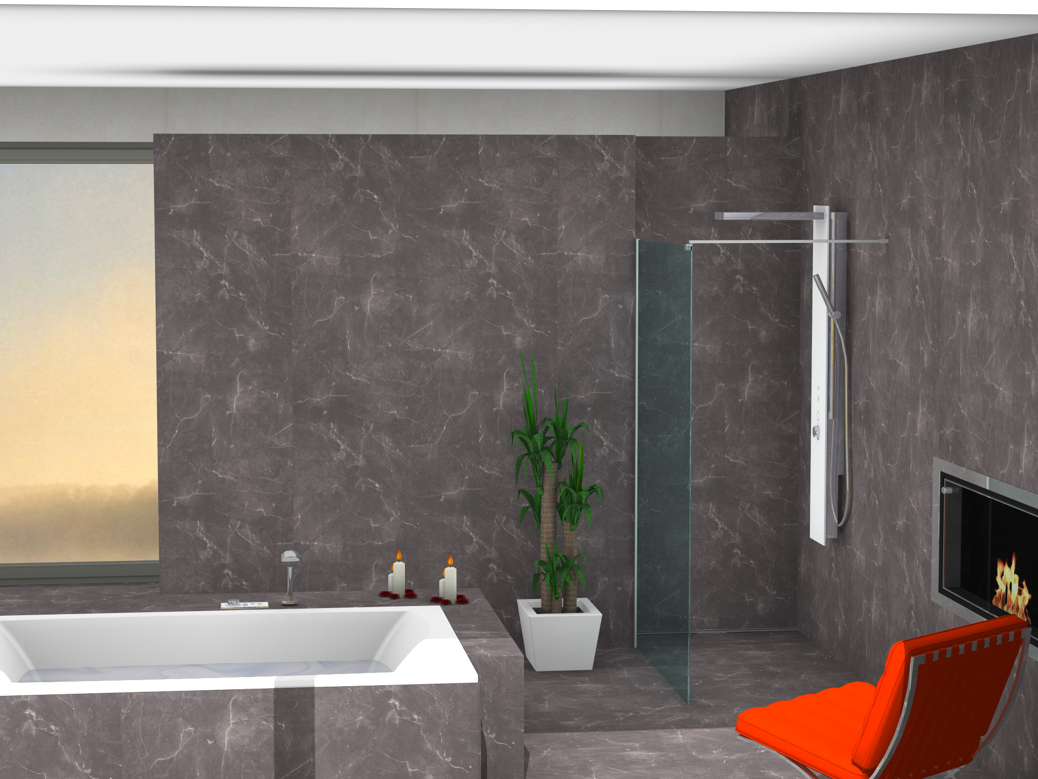 Modernes Badezimmer mit einer freistehenden, geschwungenen Badewanne vor einer grauen Wand. Links ist eine Holzkonstruktion mit offenen Fächern, dahinter zwei Waschbecken mit runden Spiegeln zu sehen.