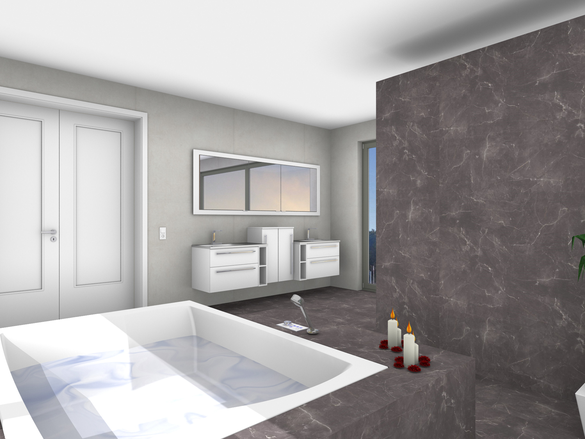 Modernes Badezimmer mit zwei freistehenden, skulptural geformten Waschbecken, jeweils mit einem runden Spiegel darüber.