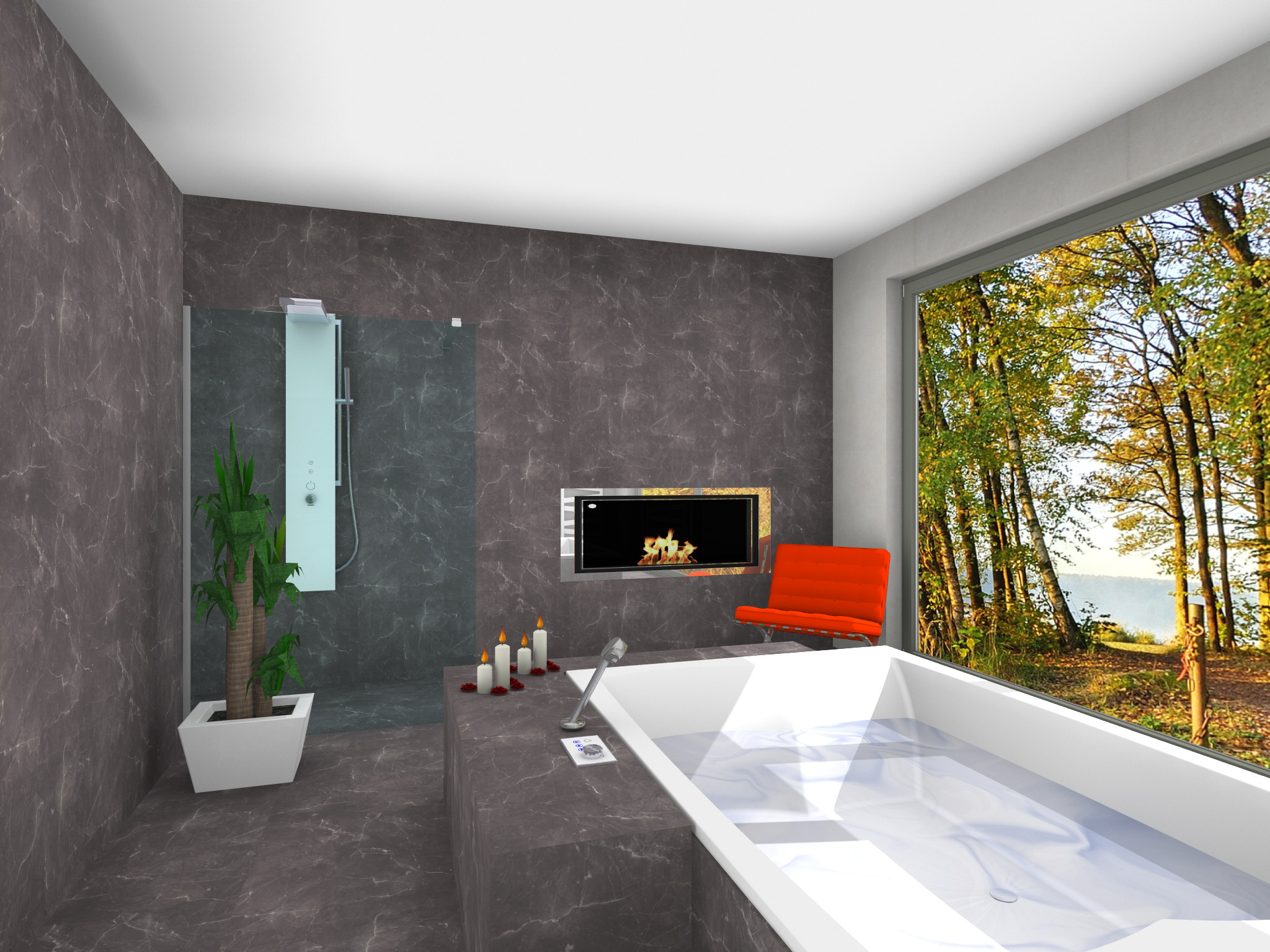 Grundriss eines modernen Badezimmers in Draufsicht. Links zwei freistehende Waschbecken mit runden Spiegeln an einer dekorativ gefliesten Wand. In der Mitte eine Trennwand aus Holz, rechts davon eine ovale Badewanne mit Armatur und daneben ein Holzstuhl. Unten rechts eine verglaste Dusche mit gebogener Glaswand. Große Bodenfliesen in Beige, Fenster auf der rechten Seite, weitere Ablagen und Spiegel an den Wänden.