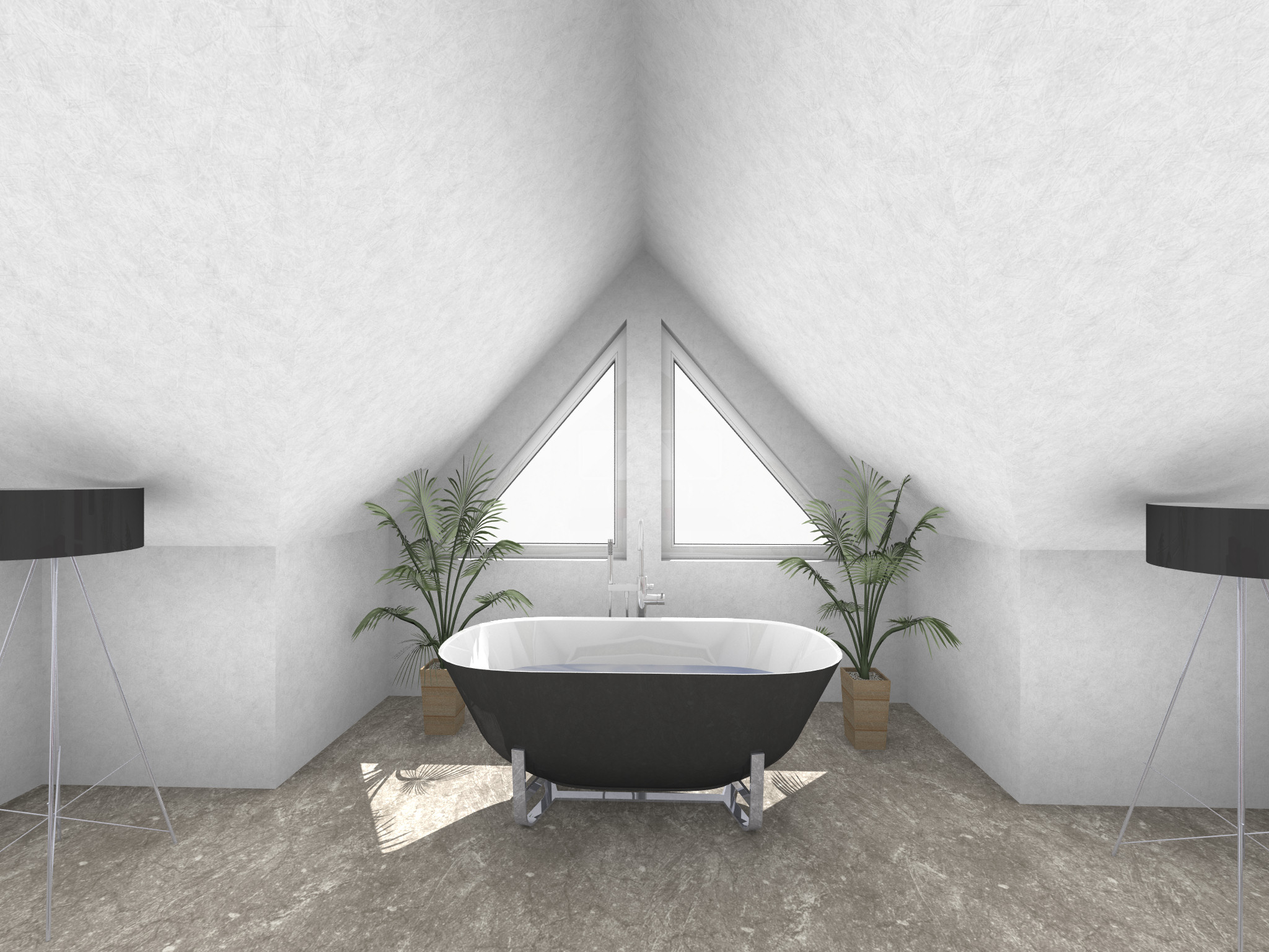 Modernes Badezimmer mit einer ebenerdigen Dusche links, ausgestattet mit Glaswand und kupferfarbener Armatur. In der Mitte eine weiße Tür und daneben ein Hängeschrank. Rechts eine Holztrennwand, hinter der zwei Waschbecken mit runden Spiegeln sichtbar sind. Im Vordergrund der Rand einer freistehenden Badewanne.