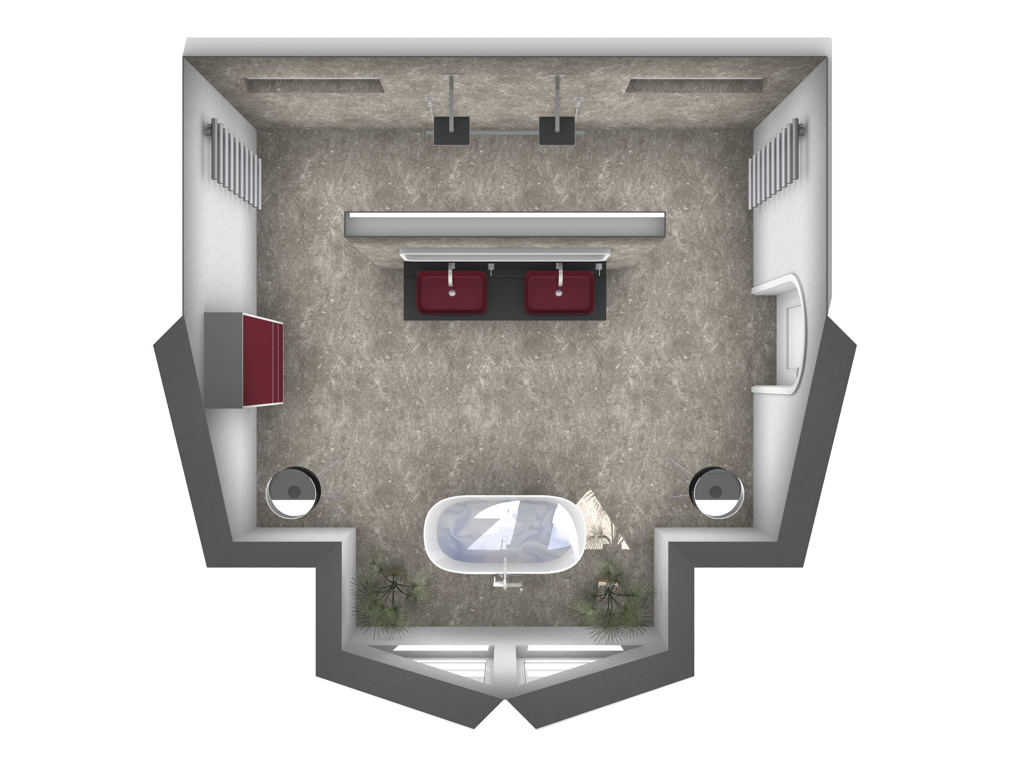 Grundriss eines modernen Badezimmers in Draufsicht. Links zwei freistehende Waschbecken mit runden Spiegeln an einer dekorativ gefliesten Wand. In der Mitte eine Trennwand aus Holz, rechts davon eine ovale Badewanne mit Armatur und daneben ein Holzstuhl. Unten rechts eine verglaste Dusche mit gebogener Glaswand. Große Bodenfliesen in Beige, Fenster auf der rechten Seite, weitere Ablagen und Spiegel an den Wänden.