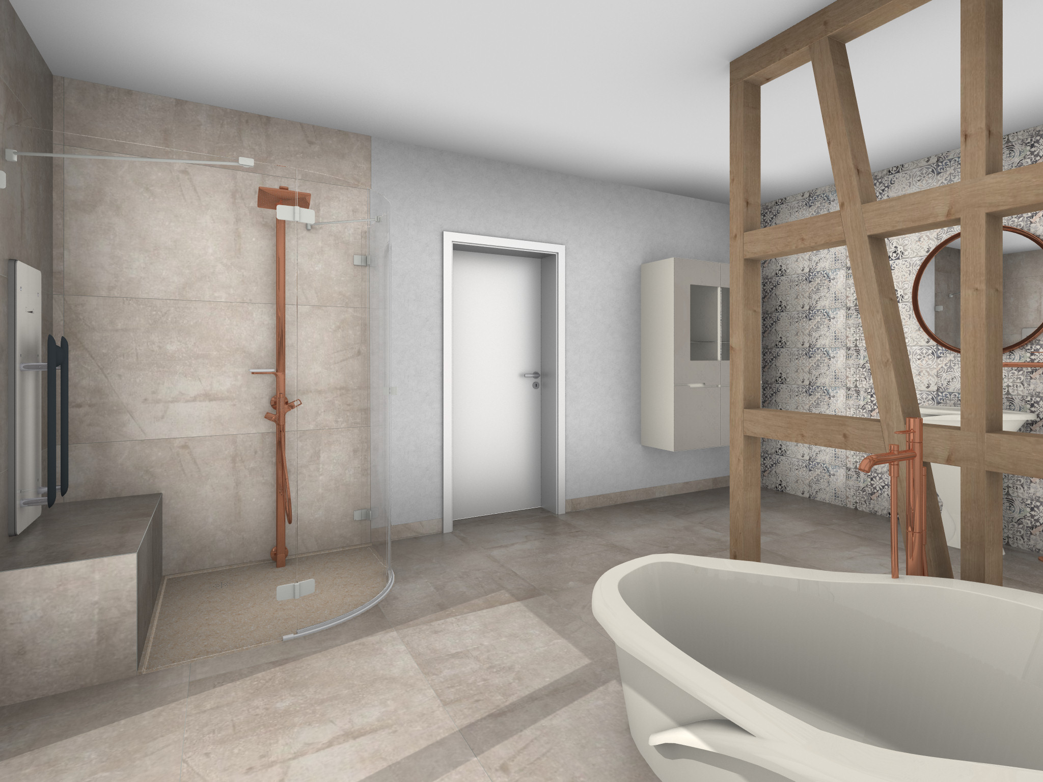 Modernes Badezimmer mit einer ebenerdigen Dusche links, ausgestattet mit Glaswand und kupferfarbener Armatur. In der Mitte eine weiße Tür und daneben ein Hängeschrank. Rechts eine Holztrennwand, hinter der zwei Waschbecken mit runden Spiegeln sichtbar sind. Im Vordergrund der Rand einer freistehenden Badewanne.