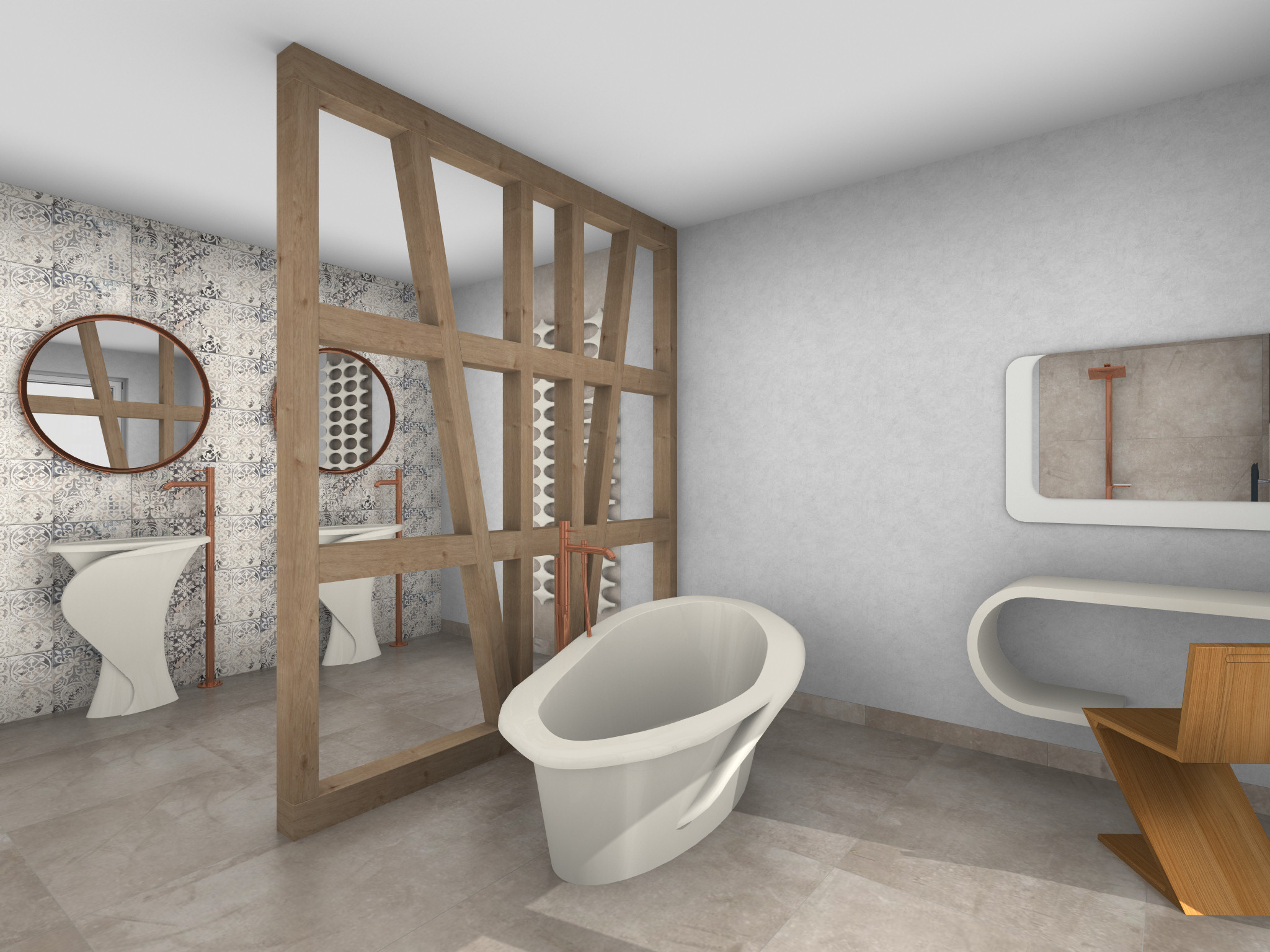Modernes Badezimmer mit einer freistehenden, geschwungenen Badewanne vor einer grauen Wand. Links ist eine Holzkonstruktion mit offenen Fächern, dahinter zwei Waschbecken mit runden Spiegeln zu sehen.