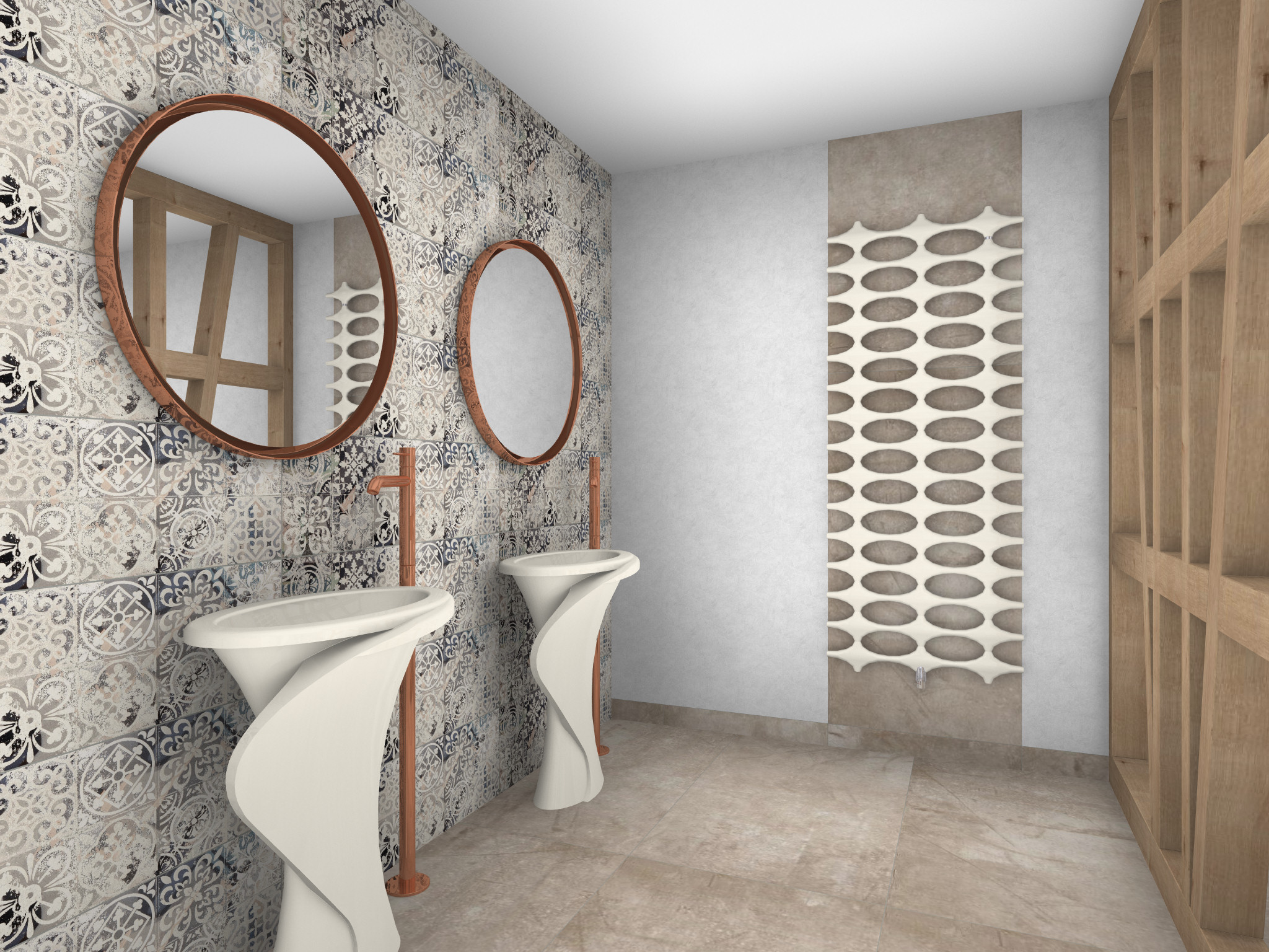 Modernes Badezimmer mit zwei freistehenden, skulptural geformten Waschbecken, jeweils mit einem runden Spiegel darüber.