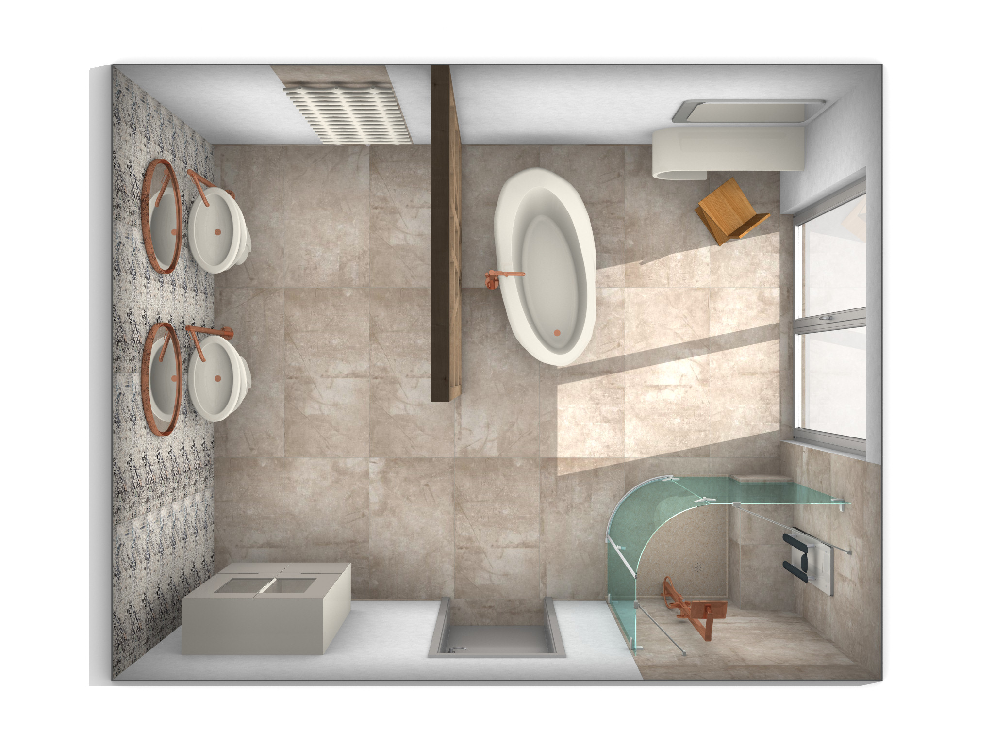 Grundriss eines modernen Badezimmers in Draufsicht. Links zwei freistehende Waschbecken mit runden Spiegeln an einer dekorativ gefliesten Wand. In der Mitte eine Trennwand aus Holz, rechts davon eine ovale Badewanne mit Armatur und daneben ein Holzstuhl. Unten rechts eine verglaste Dusche mit gebogener Glaswand. Große Bodenfliesen in Beige, Fenster auf der rechten Seite, weitere Ablagen und Spiegel an den Wänden.
