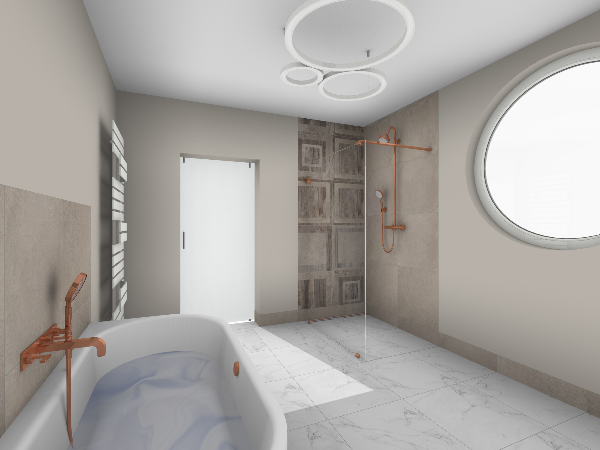 Modernes Badezimmer mit einer ebenerdigen Dusche links, ausgestattet mit Glaswand und kupferfarbener Armatur. In der Mitte eine weiße Tür und daneben ein Hängeschrank. Rechts eine Holztrennwand, hinter der zwei Waschbecken mit runden Spiegeln sichtbar sind. Im Vordergrund der Rand einer freistehenden Badewanne.