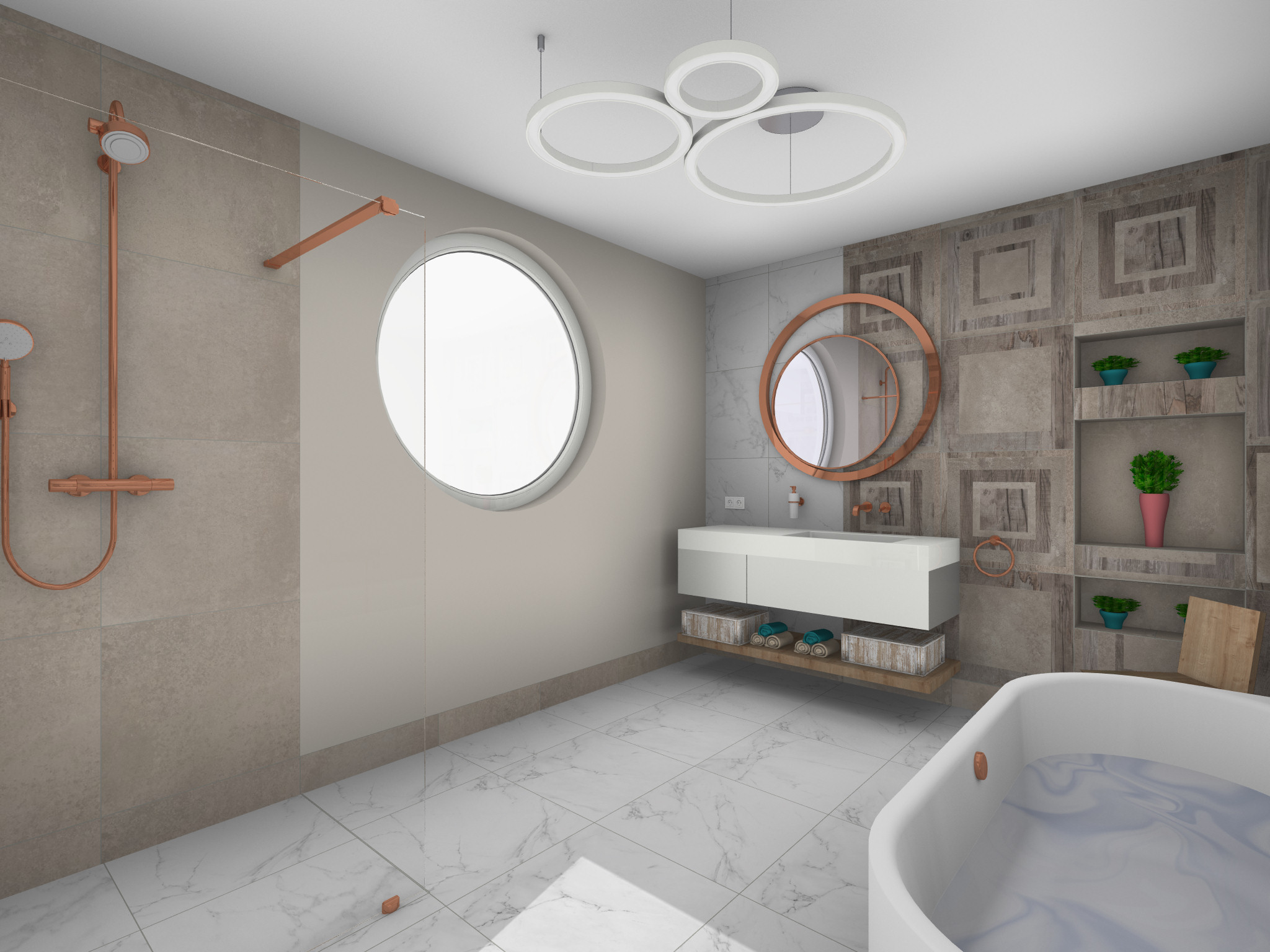 Modernes Badezimmer mit einer freistehenden, geschwungenen Badewanne vor einer grauen Wand. Links ist eine Holzkonstruktion mit offenen Fächern, dahinter zwei Waschbecken mit runden Spiegeln zu sehen.