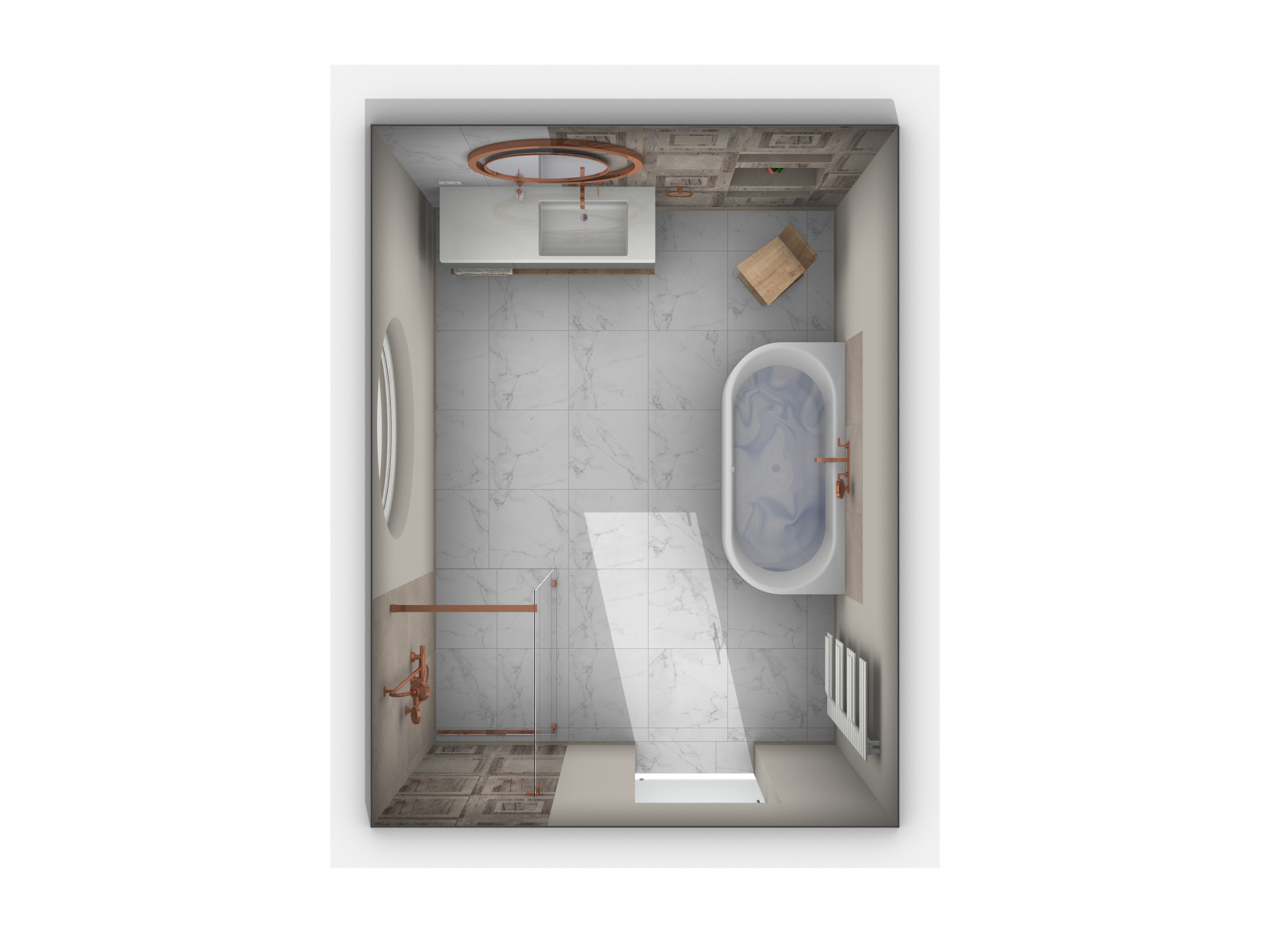 Grundriss eines modernen Badezimmers in Draufsicht. Links zwei freistehende Waschbecken mit runden Spiegeln an einer dekorativ gefliesten Wand. In der Mitte eine Trennwand aus Holz, rechts davon eine ovale Badewanne mit Armatur und daneben ein Holzstuhl. Unten rechts eine verglaste Dusche mit gebogener Glaswand. Große Bodenfliesen in Beige, Fenster auf der rechten Seite, weitere Ablagen und Spiegel an den Wänden.