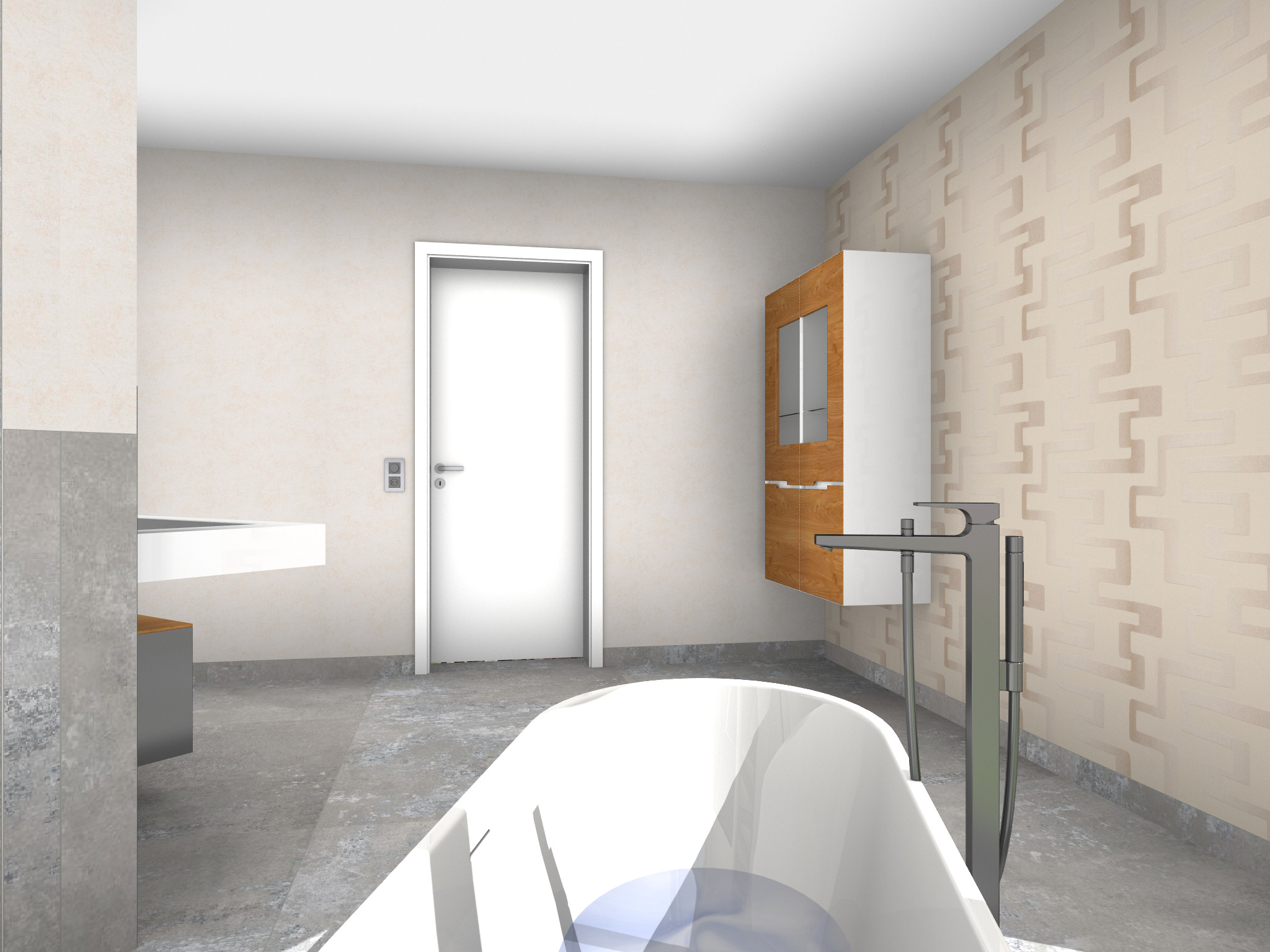 Modernes Badezimmer mit einer ebenerdigen Dusche links, ausgestattet mit Glaswand und kupferfarbener Armatur. In der Mitte eine weiße Tür und daneben ein Hängeschrank. Rechts eine Holztrennwand, hinter der zwei Waschbecken mit runden Spiegeln sichtbar sind. Im Vordergrund der Rand einer freistehenden Badewanne.