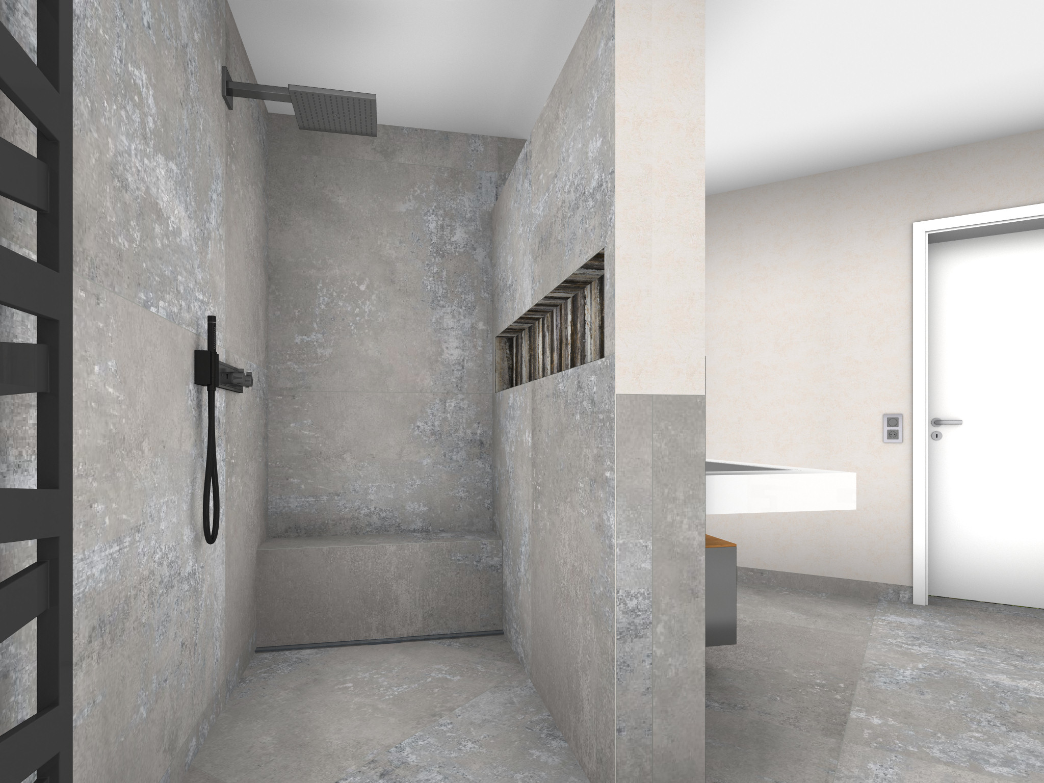 Modernes Badezimmer mit einer freistehenden, geschwungenen Badewanne vor einer grauen Wand. Links ist eine Holzkonstruktion mit offenen Fächern, dahinter zwei Waschbecken mit runden Spiegeln zu sehen.