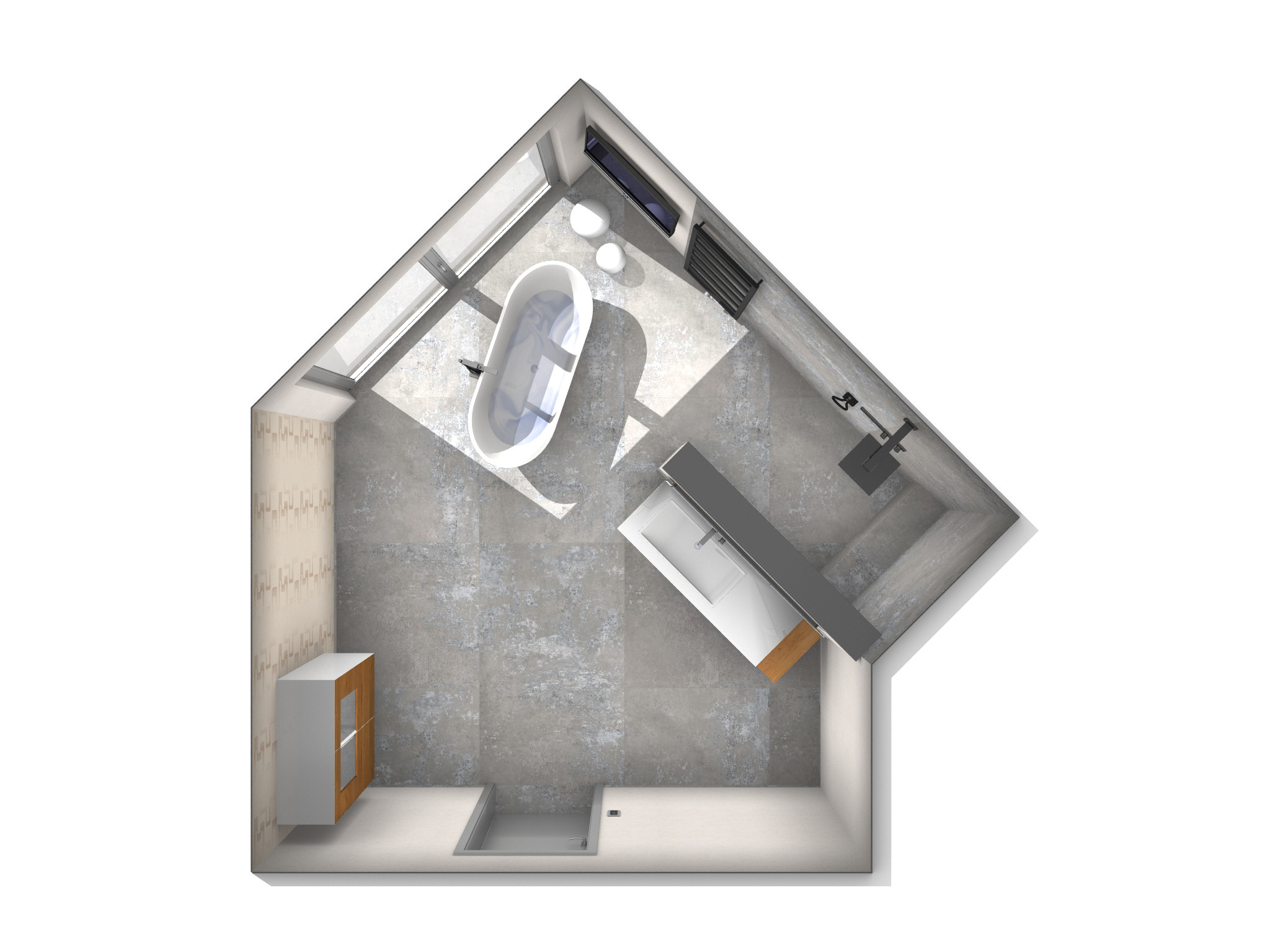 Grundriss eines modernen Badezimmers in Draufsicht. Links zwei freistehende Waschbecken mit runden Spiegeln an einer dekorativ gefliesten Wand. In der Mitte eine Trennwand aus Holz, rechts davon eine ovale Badewanne mit Armatur und daneben ein Holzstuhl. Unten rechts eine verglaste Dusche mit gebogener Glaswand. Große Bodenfliesen in Beige, Fenster auf der rechten Seite, weitere Ablagen und Spiegel an den Wänden.