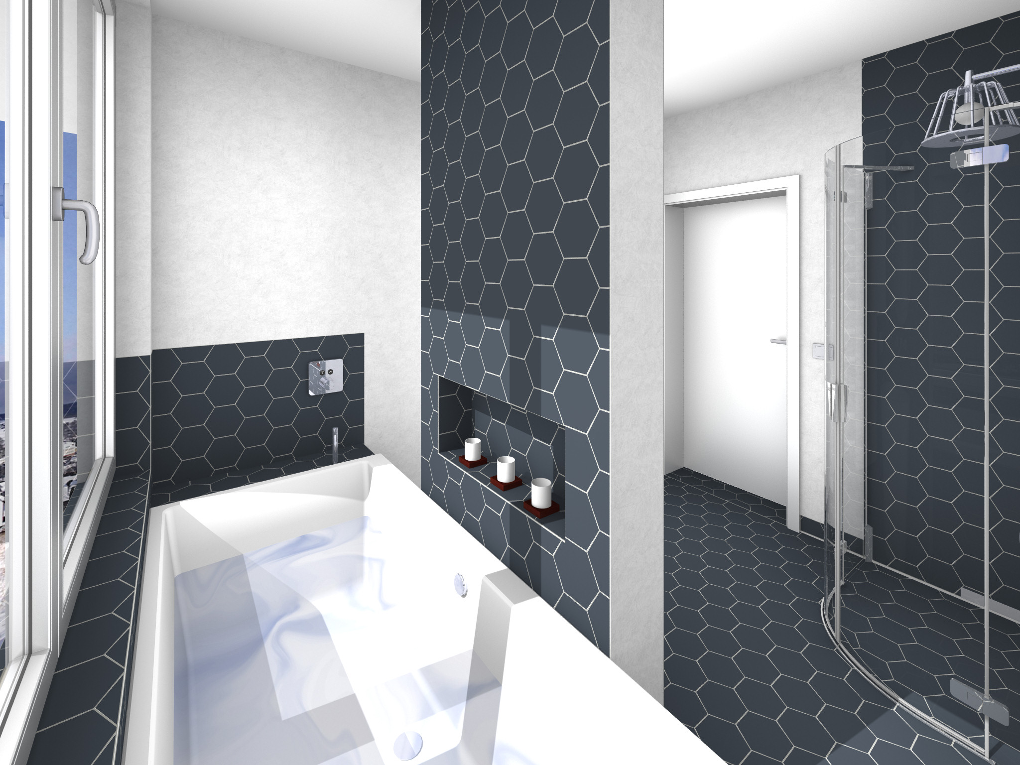 Grundriss eines modernen Badezimmers in Draufsicht. Links zwei freistehende Waschbecken mit runden Spiegeln an einer dekorativ gefliesten Wand. In der Mitte eine Trennwand aus Holz, rechts davon eine ovale Badewanne mit Armatur und daneben ein Holzstuhl. Unten rechts eine verglaste Dusche mit gebogener Glaswand. Große Bodenfliesen in Beige, Fenster auf der rechten Seite, weitere Ablagen und Spiegel an den Wänden.