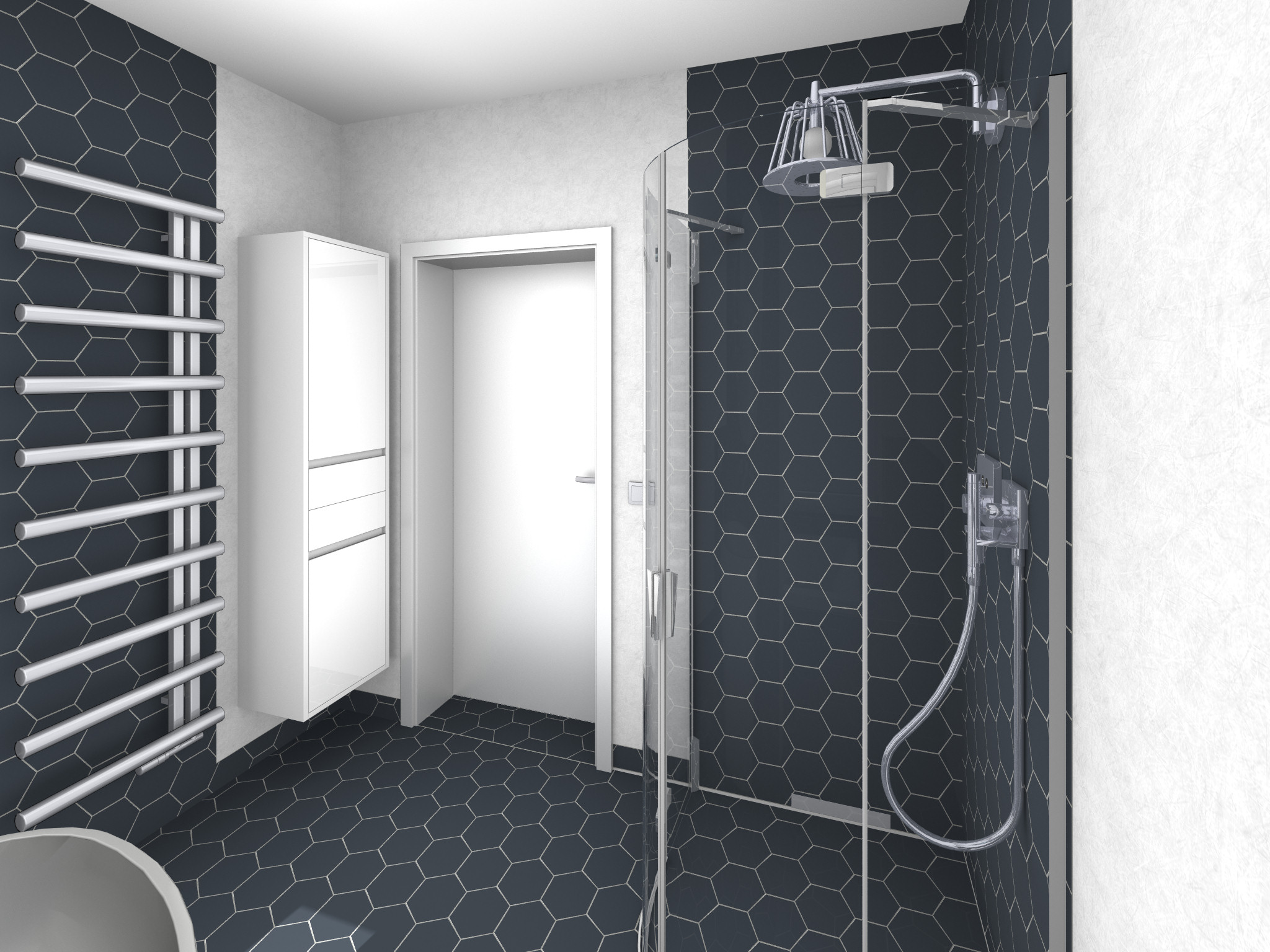 Modernes Badezimmer mit zwei freistehenden, skulptural geformten Waschbecken, jeweils mit einem runden Spiegel darüber.