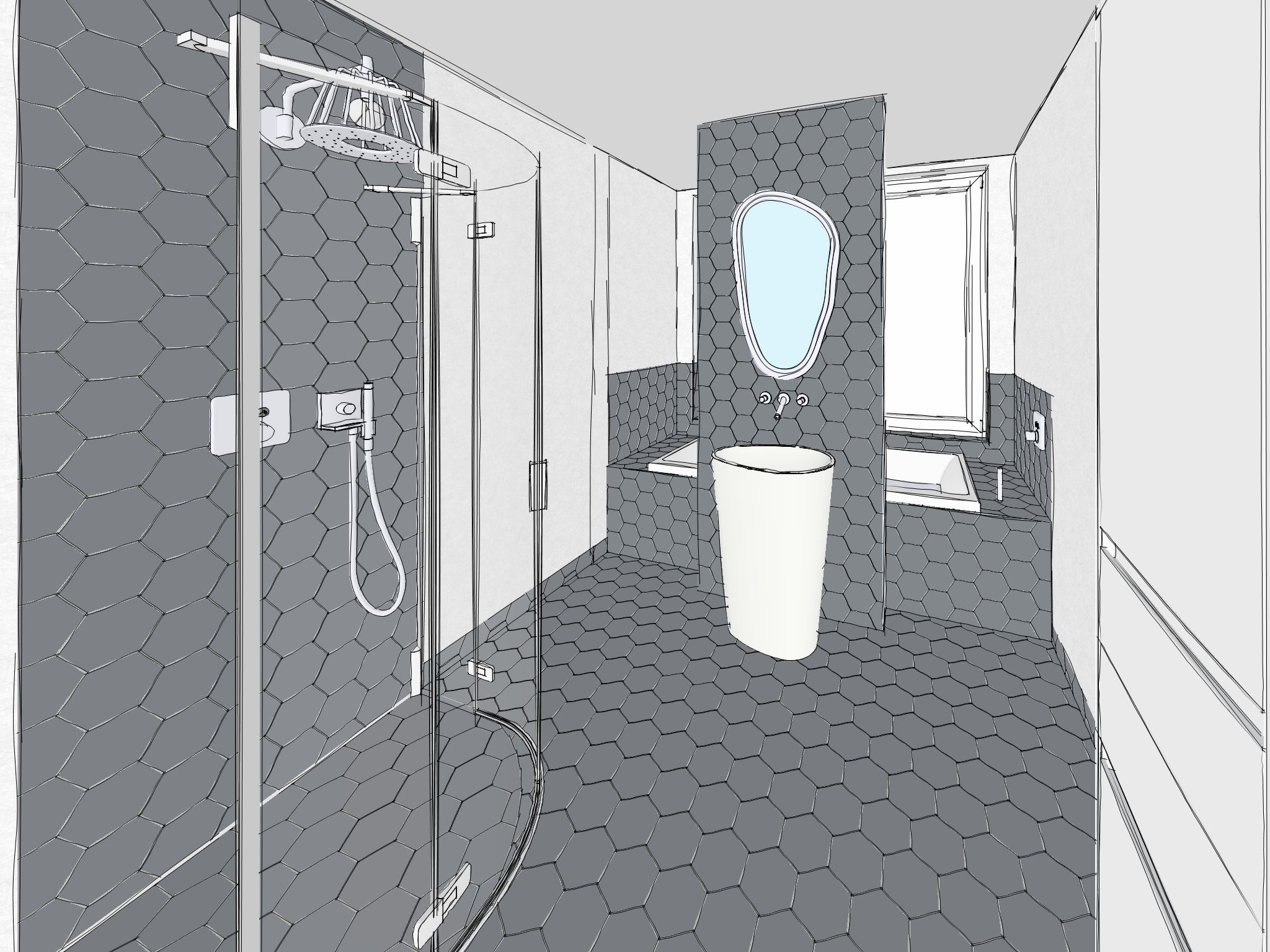 Modernes Badezimmer mit einer freistehenden, geschwungenen Badewanne vor einer grauen Wand. Links ist eine Holzkonstruktion mit offenen Fächern, dahinter zwei Waschbecken mit runden Spiegeln zu sehen.