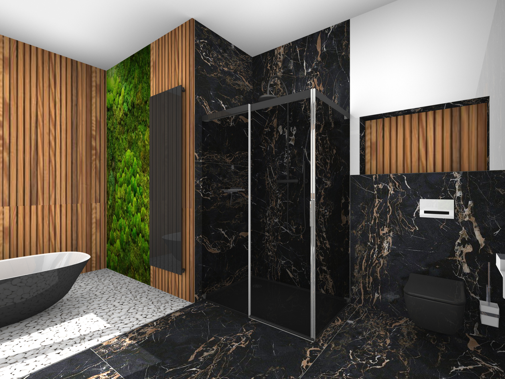 Modernes Badezimmer mit einer ebenerdigen Dusche links, ausgestattet mit Glaswand und kupferfarbener Armatur. In der Mitte eine weiße Tür und daneben ein Hängeschrank. Rechts eine Holztrennwand, hinter der zwei Waschbecken mit runden Spiegeln sichtbar sind. Im Vordergrund der Rand einer freistehenden Badewanne.