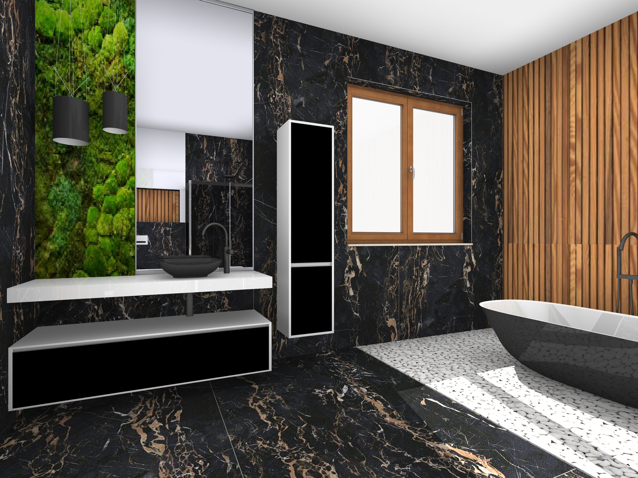 Modernes Badezimmer mit einer freistehenden, geschwungenen Badewanne vor einer grauen Wand. Links ist eine Holzkonstruktion mit offenen Fächern, dahinter zwei Waschbecken mit runden Spiegeln zu sehen.