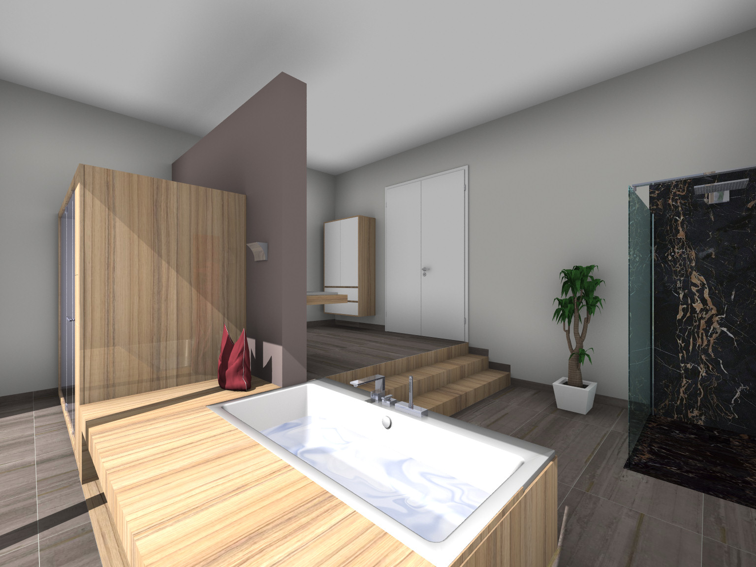 Modernes Badezimmer mit einer freistehenden, geschwungenen Badewanne vor einer grauen Wand. Links ist eine Holzkonstruktion mit offenen Fächern, dahinter zwei Waschbecken mit runden Spiegeln zu sehen.