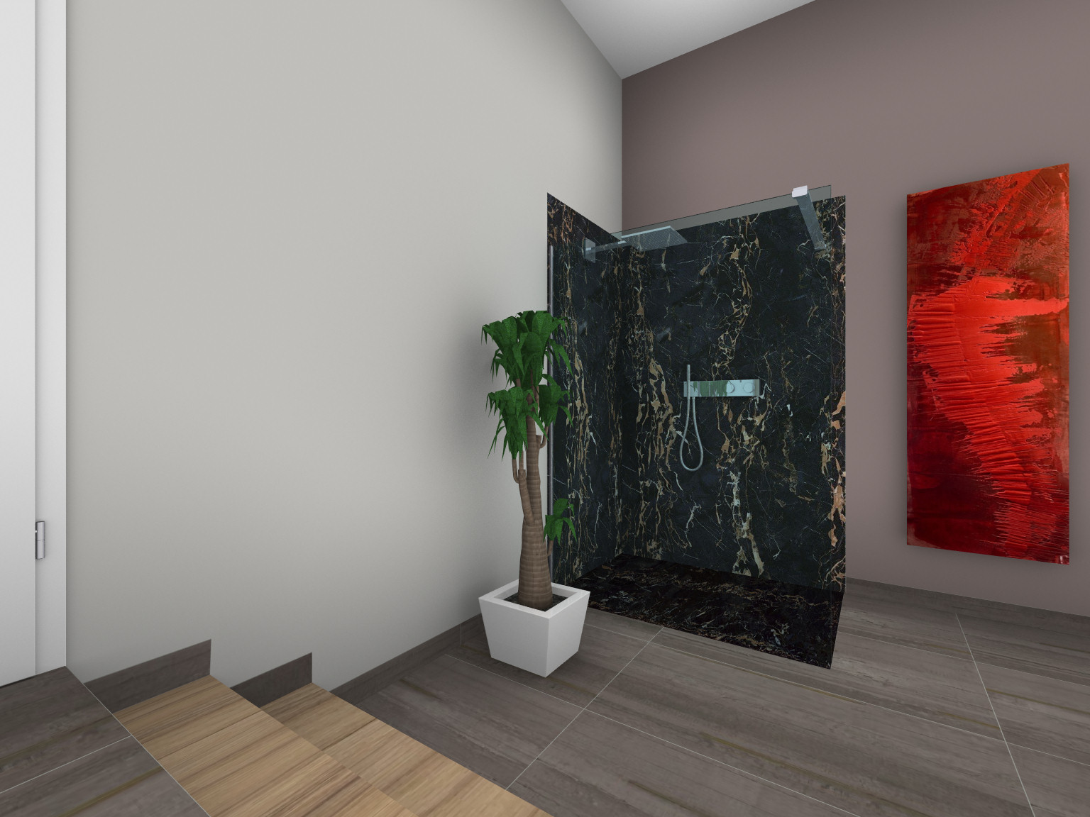 Modernes Badezimmer mit zwei freistehenden, skulptural geformten Waschbecken, jeweils mit einem runden Spiegel darüber.