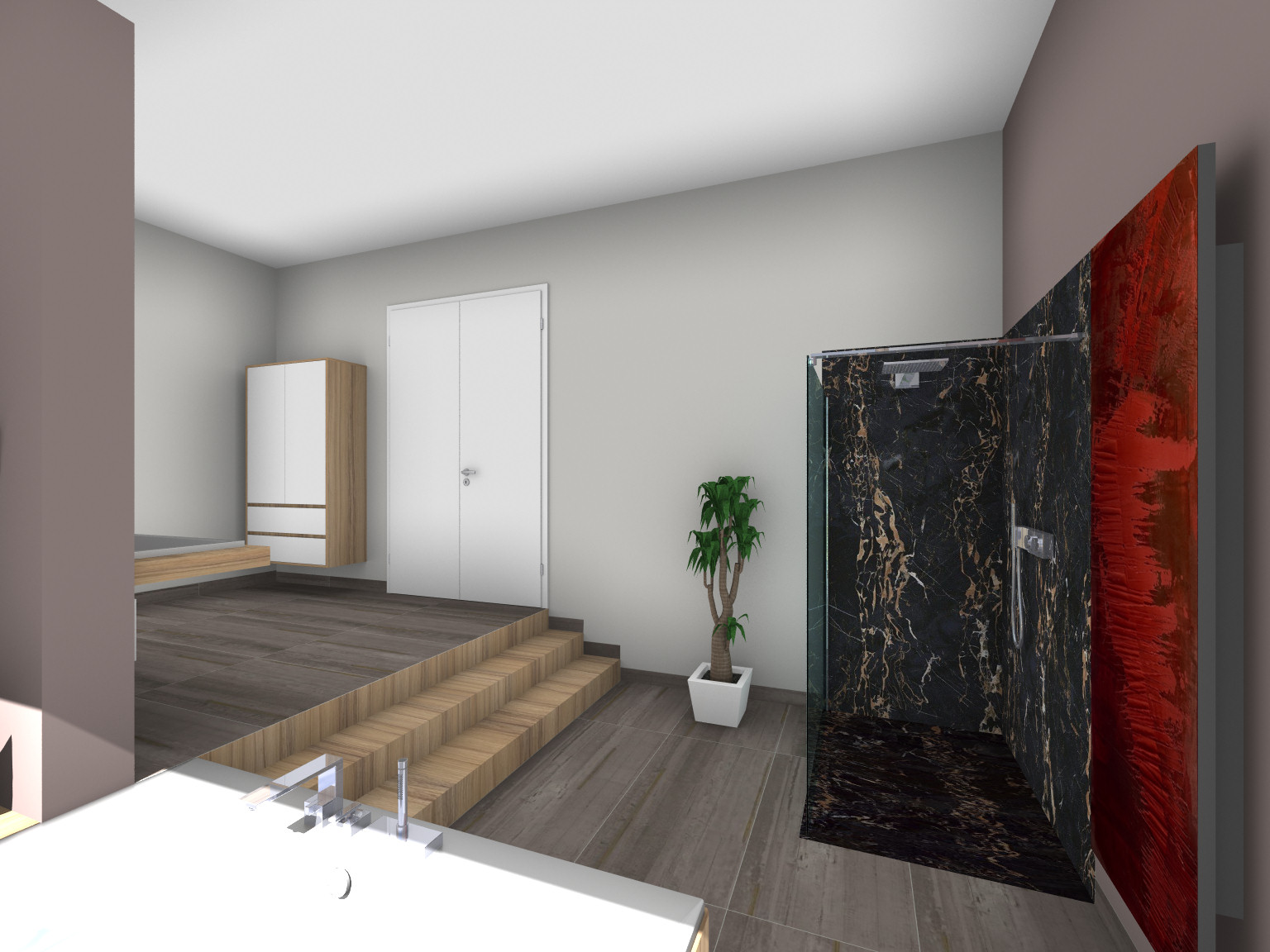 Grundriss eines modernen Badezimmers in Draufsicht. Links zwei freistehende Waschbecken mit runden Spiegeln an einer dekorativ gefliesten Wand. In der Mitte eine Trennwand aus Holz, rechts davon eine ovale Badewanne mit Armatur und daneben ein Holzstuhl. Unten rechts eine verglaste Dusche mit gebogener Glaswand. Große Bodenfliesen in Beige, Fenster auf der rechten Seite, weitere Ablagen und Spiegel an den Wänden.
