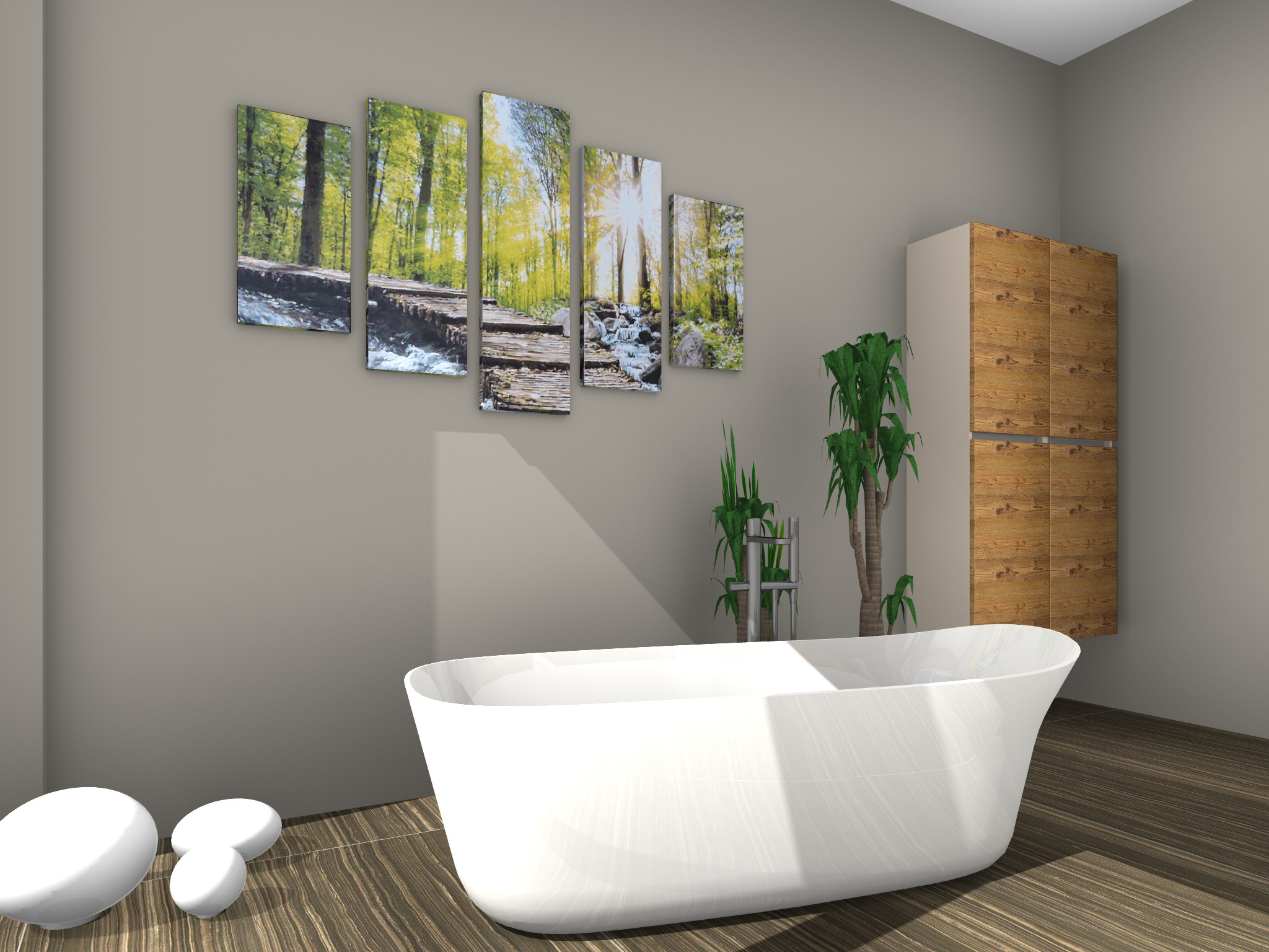 Modernes Badezimmer mit einer freistehenden, geschwungenen Badewanne vor einer grauen Wand. Links ist eine Holzkonstruktion mit offenen Fächern, dahinter zwei Waschbecken mit runden Spiegeln zu sehen.