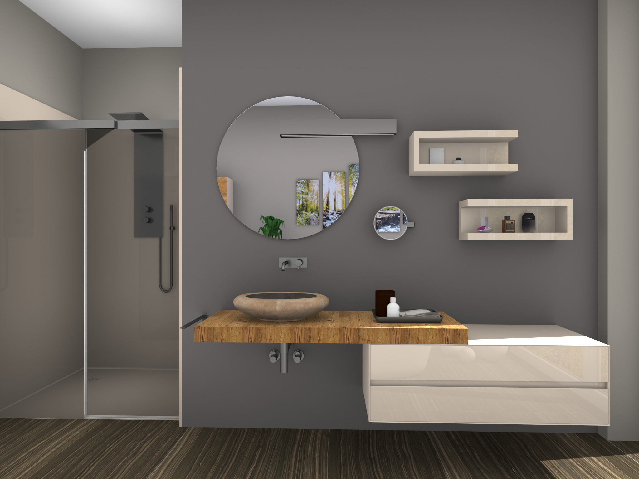 Modernes Badezimmer mit zwei freistehenden, skulptural geformten Waschbecken, jeweils mit einem runden Spiegel darüber.