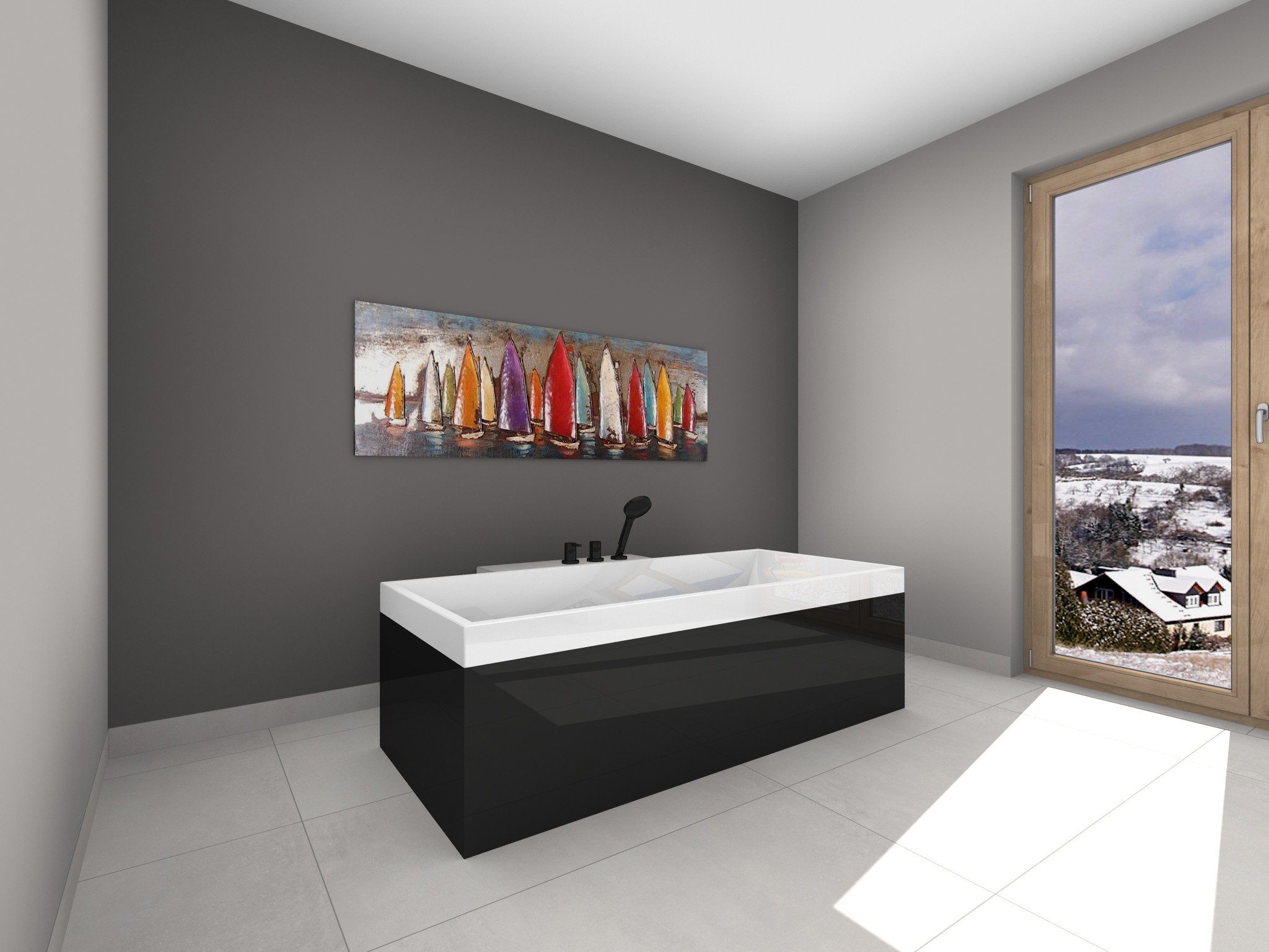 Modernes Badezimmer mit einer ebenerdigen Dusche links, ausgestattet mit Glaswand und kupferfarbener Armatur. In der Mitte eine weiße Tür und daneben ein Hängeschrank. Rechts eine Holztrennwand, hinter der zwei Waschbecken mit runden Spiegeln sichtbar sind. Im Vordergrund der Rand einer freistehenden Badewanne.