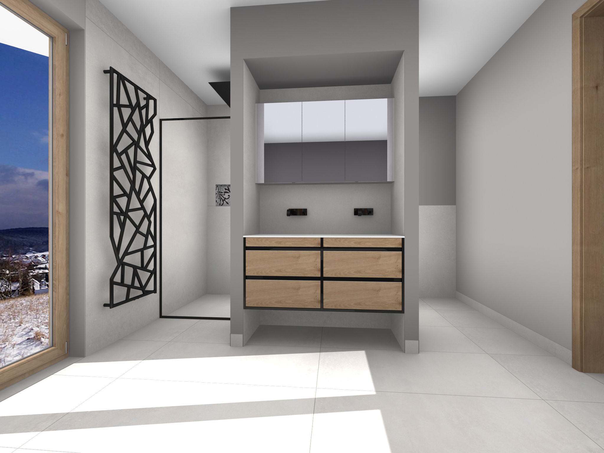 Modernes Badezimmer mit einer freistehenden, geschwungenen Badewanne vor einer grauen Wand. Links ist eine Holzkonstruktion mit offenen Fächern, dahinter zwei Waschbecken mit runden Spiegeln zu sehen.