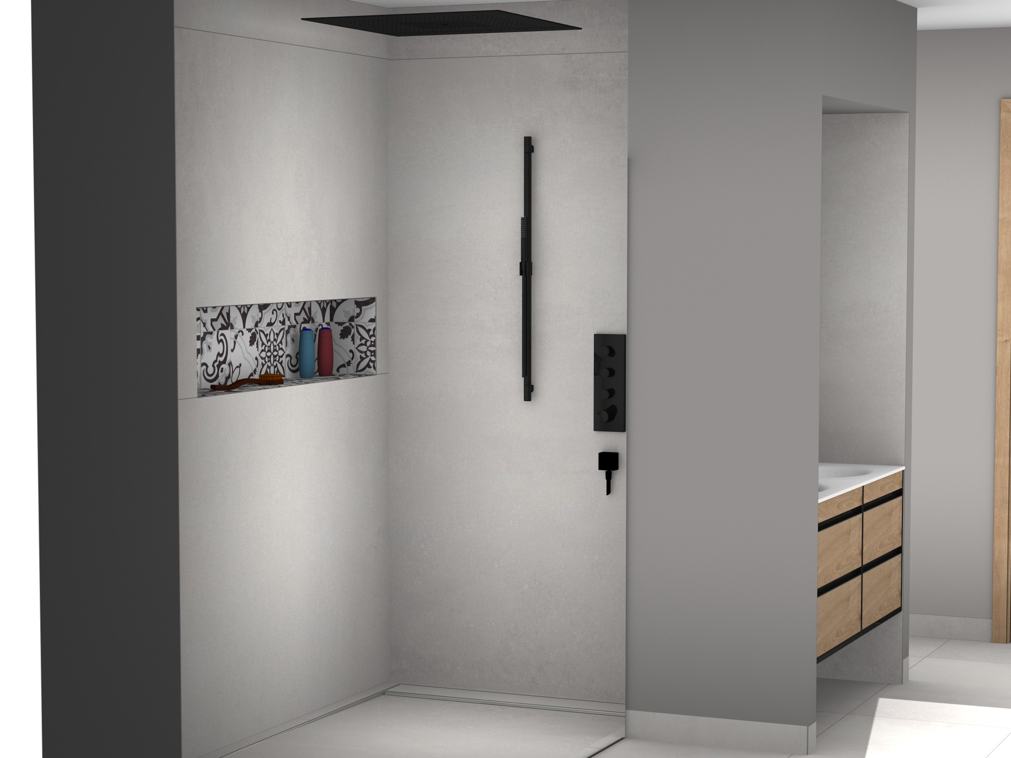 Modernes Badezimmer mit zwei freistehenden, skulptural geformten Waschbecken, jeweils mit einem runden Spiegel darüber.