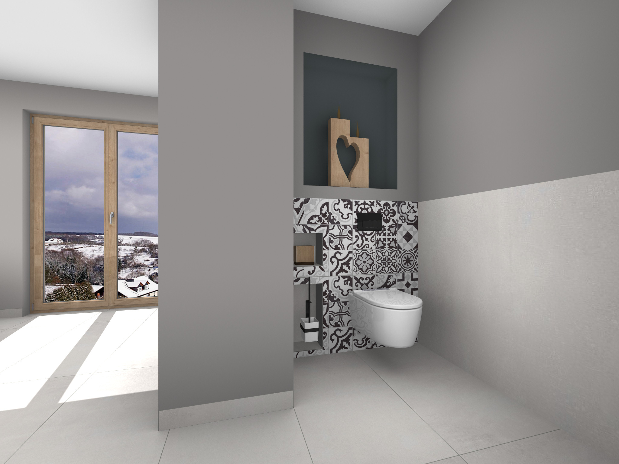 Grundriss eines modernen Badezimmers in Draufsicht. Links zwei freistehende Waschbecken mit runden Spiegeln an einer dekorativ gefliesten Wand. In der Mitte eine Trennwand aus Holz, rechts davon eine ovale Badewanne mit Armatur und daneben ein Holzstuhl. Unten rechts eine verglaste Dusche mit gebogener Glaswand. Große Bodenfliesen in Beige, Fenster auf der rechten Seite, weitere Ablagen und Spiegel an den Wänden.
