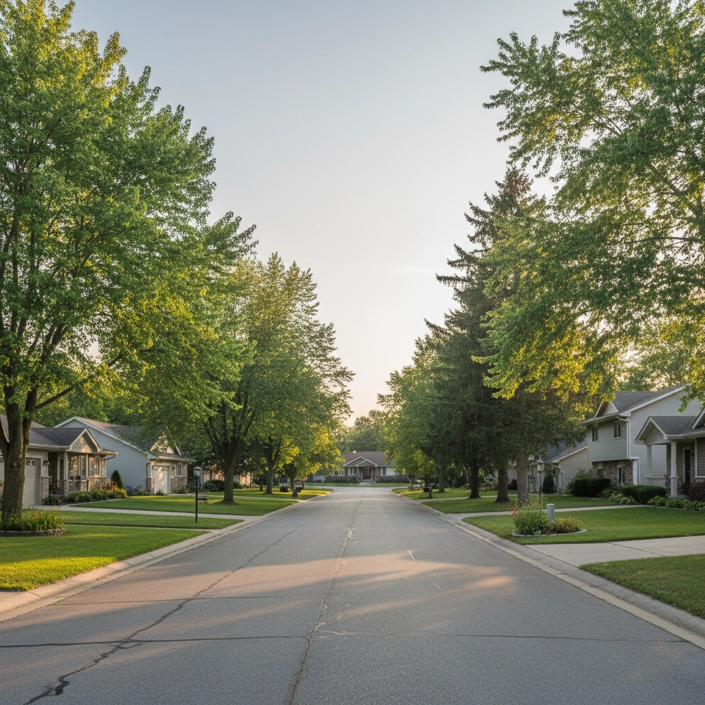 Quiet suburban street lined with green trees and houses under a clear sky at sunset.