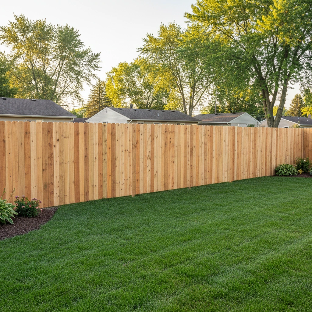 Newly installed wooden privacy fence along a green lawn with trees and suburban houses in the background.