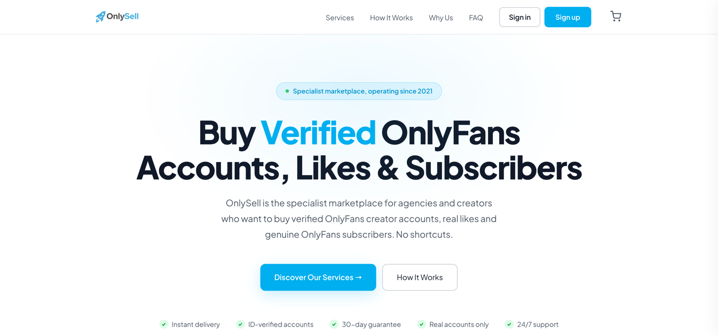 OnlySell marketplace listing page showing verified OnlyFans accounts for sale