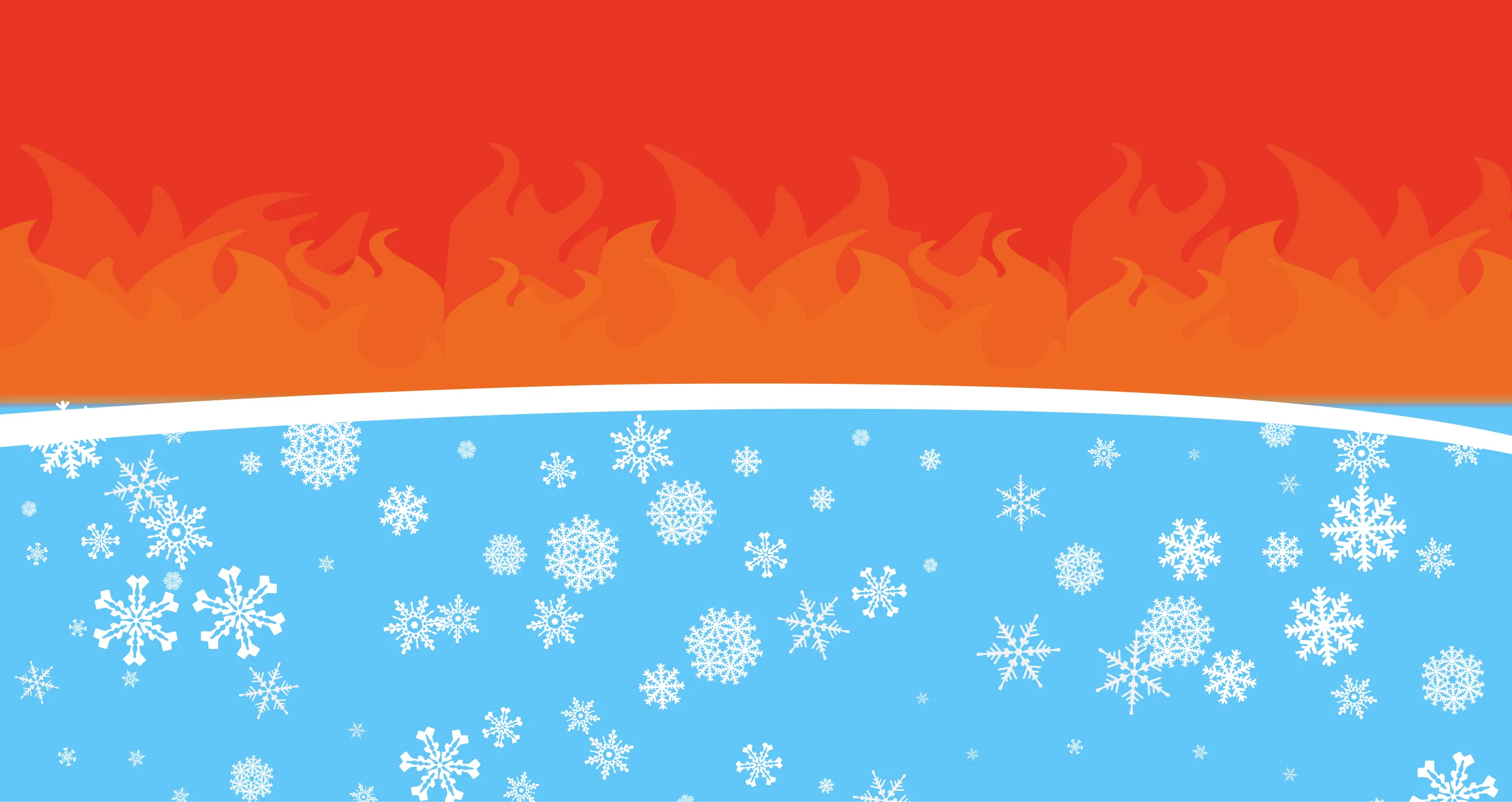 Contrasting fire and ice with red-orange flames and blue snowflakes