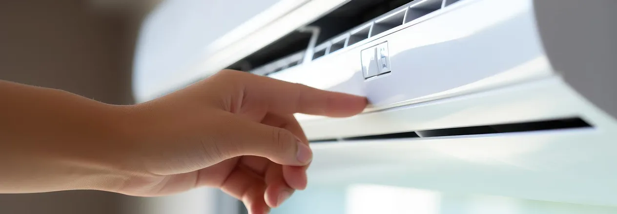Hand adjusting white air conditioning unit or remote control