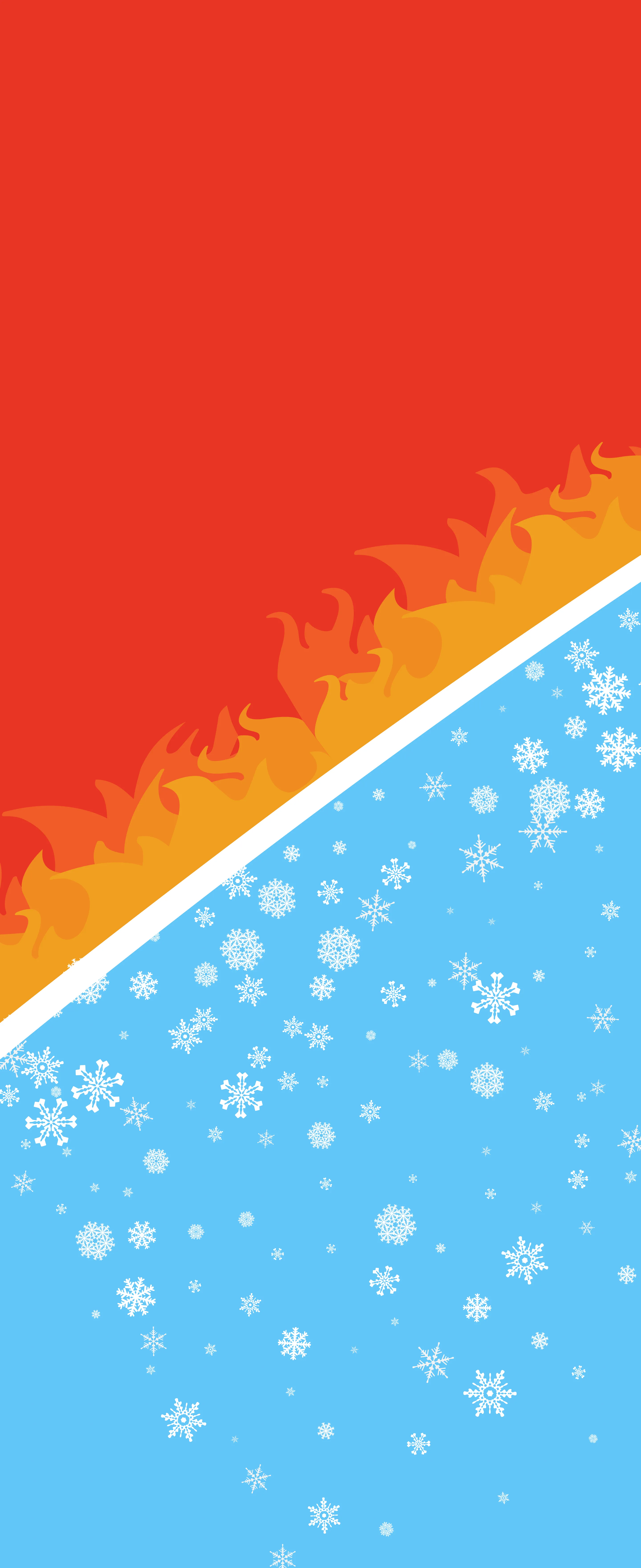 Fire and snow contrasting background with diagonal split and snowflakes