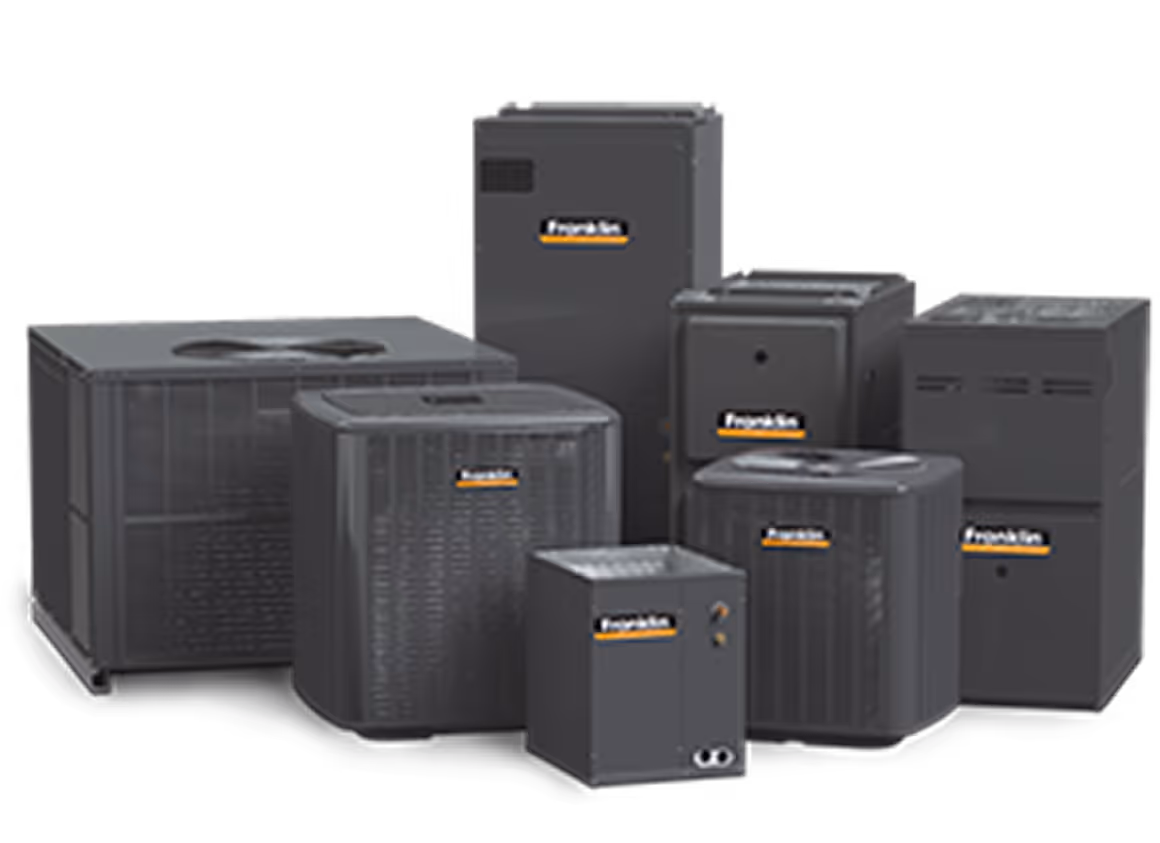 Multiple black Lennox HVAC units of varying sizes grouped together