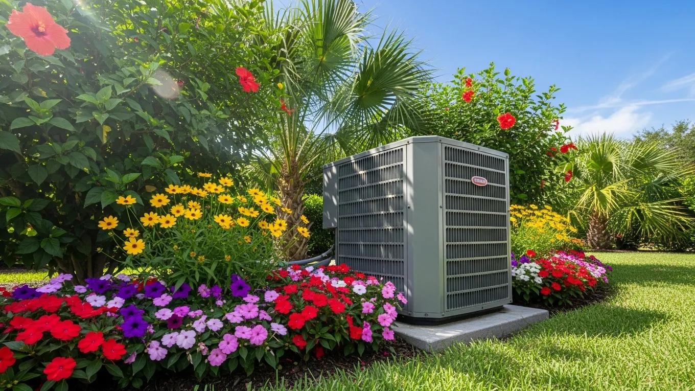 Air conditioning unit in a sunny Plant City, FL backyard surrounded by spring flowers, symbolizing HVAC maintenance readiness