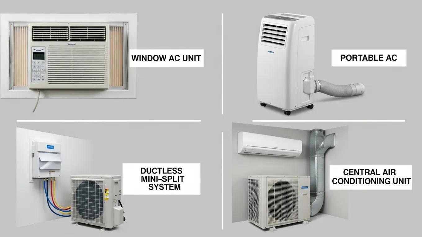 Collage of various air conditioning systems including window, portable, ductless mini-split, and central units, showcasing diverse options for homeowners