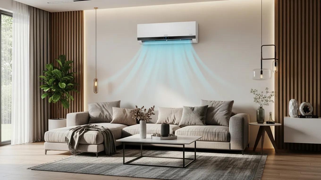 Modern living room featuring a stylish air conditioning unit, highlighting comfort and contemporary design