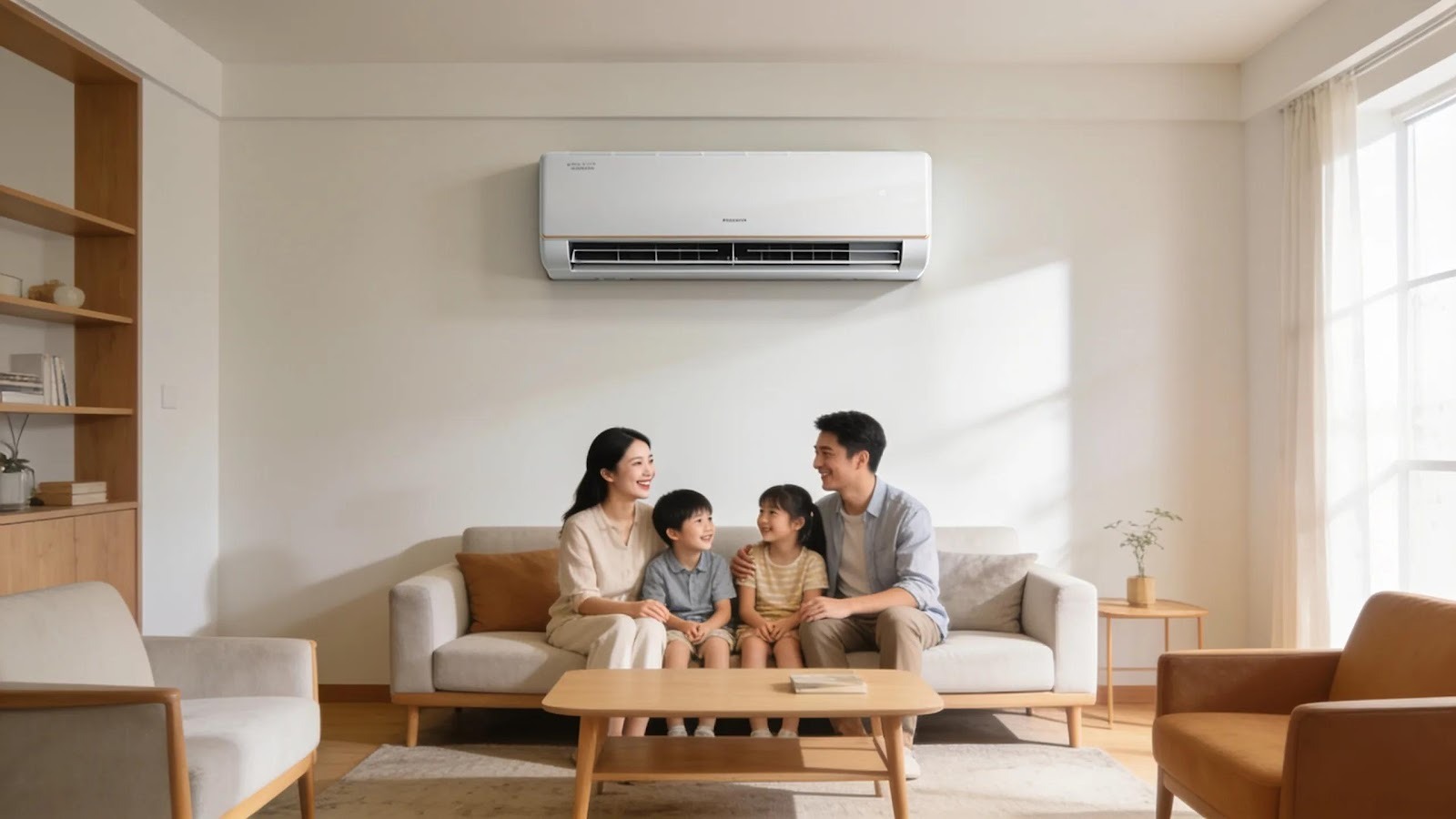 Modern living room with air conditioning unit, showcasing family comfort and energy efficiency