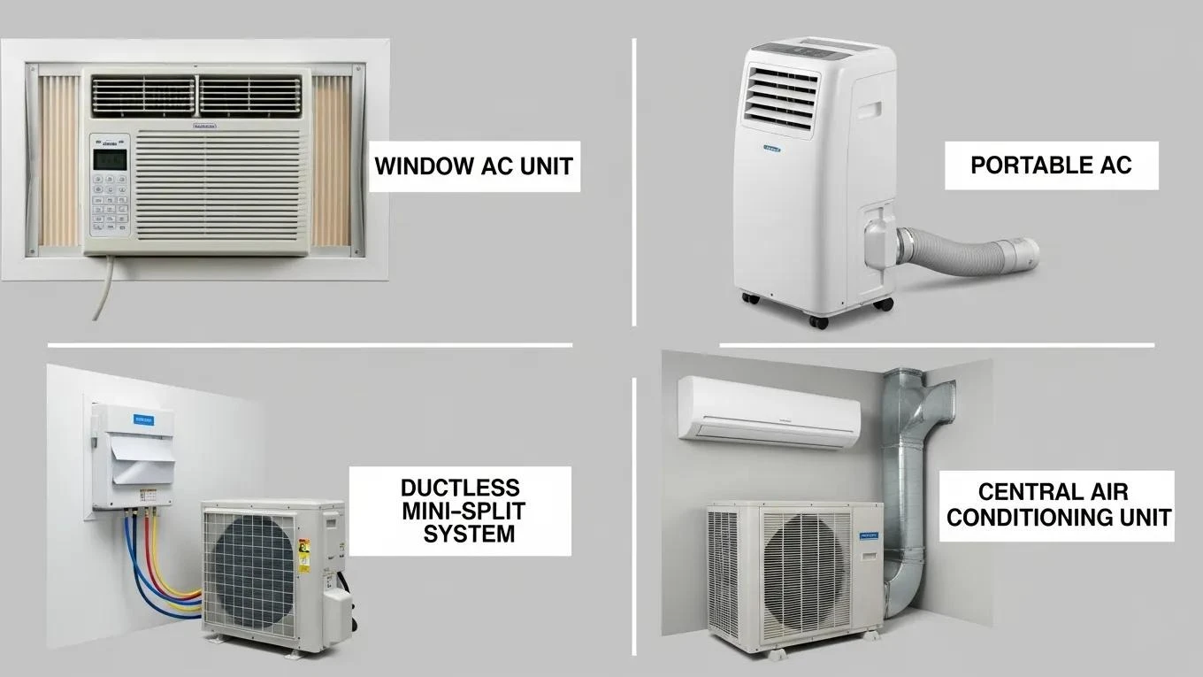 Collage of various air conditioning systems including window, portable, ductless mini-split, and central units, showcasing diverse options for homeowners